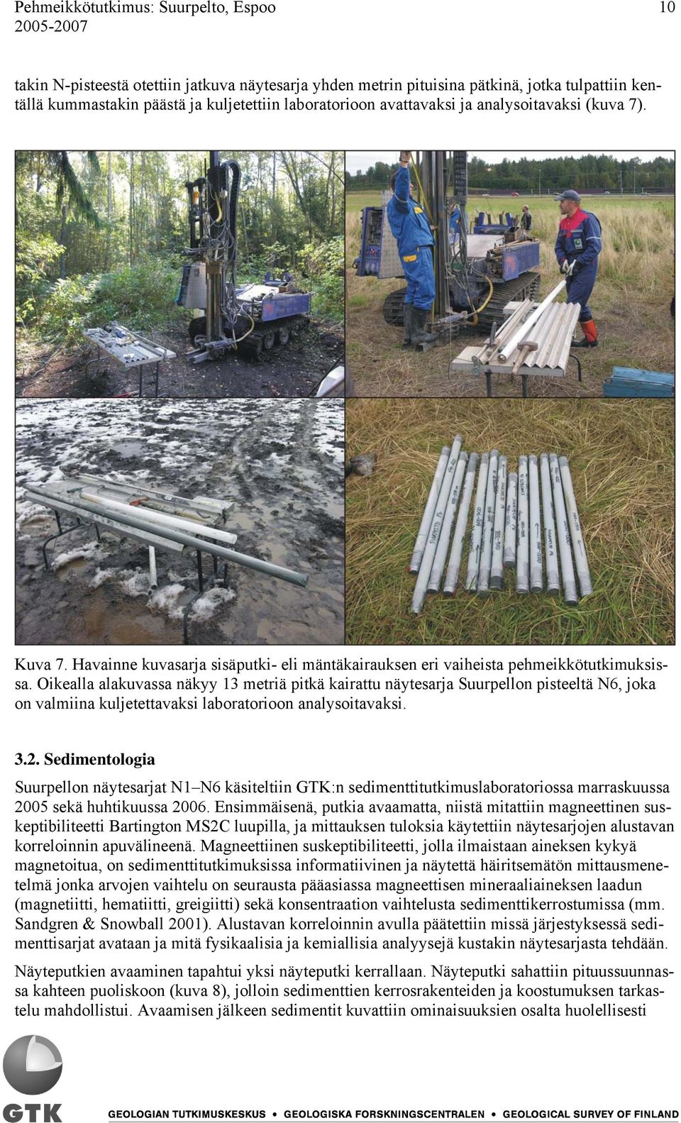 Oikealla alakuvassa näkyy 13 metriä pitkä kairattu näytesarja Suurpellon pisteeltä N6, joka on valmiina kuljetettavaksi laboratorioon analysoitavaksi. 3.2.