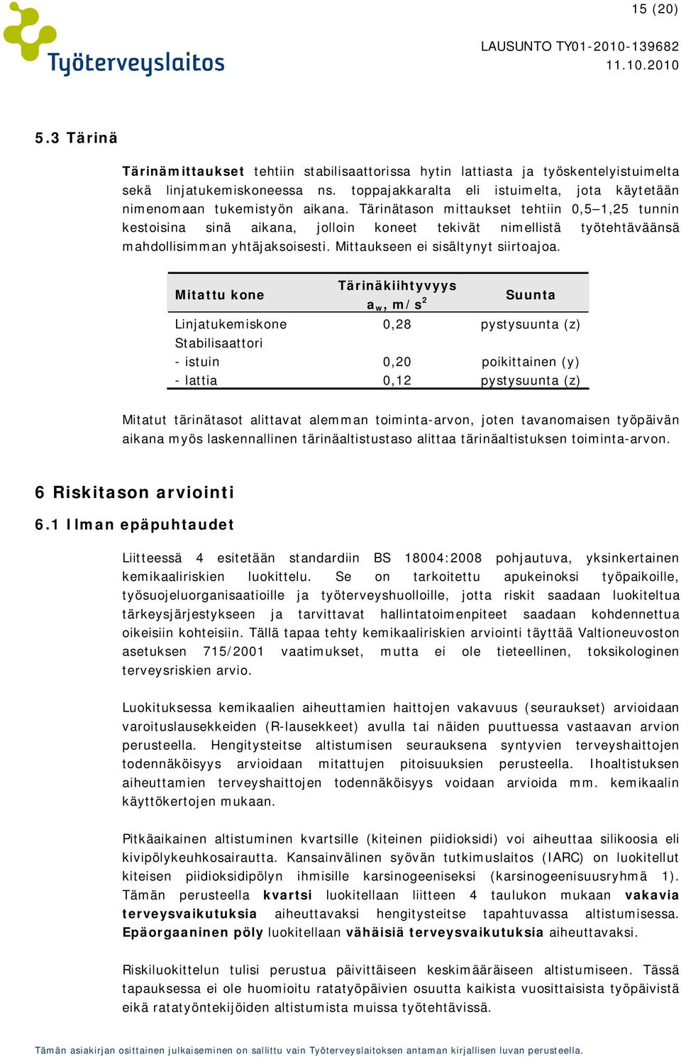 Tärinätason mittaukset tehtiin 0,5 1,25 tunnin kestoisina sinä aikana, jolloin koneet tekivät nimellistä työtehtäväänsä mahdollisimman yhtäjaksoisesti. Mittaukseen ei sisältynyt siirtoajoa.