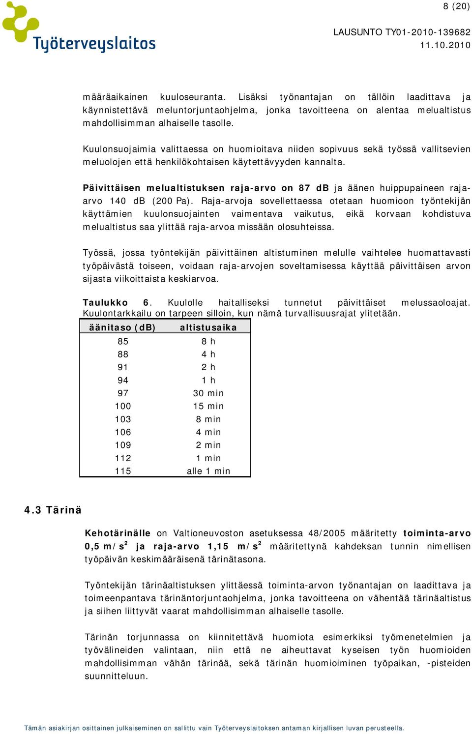 Päivittäisen melualtistuksen raja-arvo on 87 db ja äänen huippupaineen rajaarvo 140 db (200 Pa).