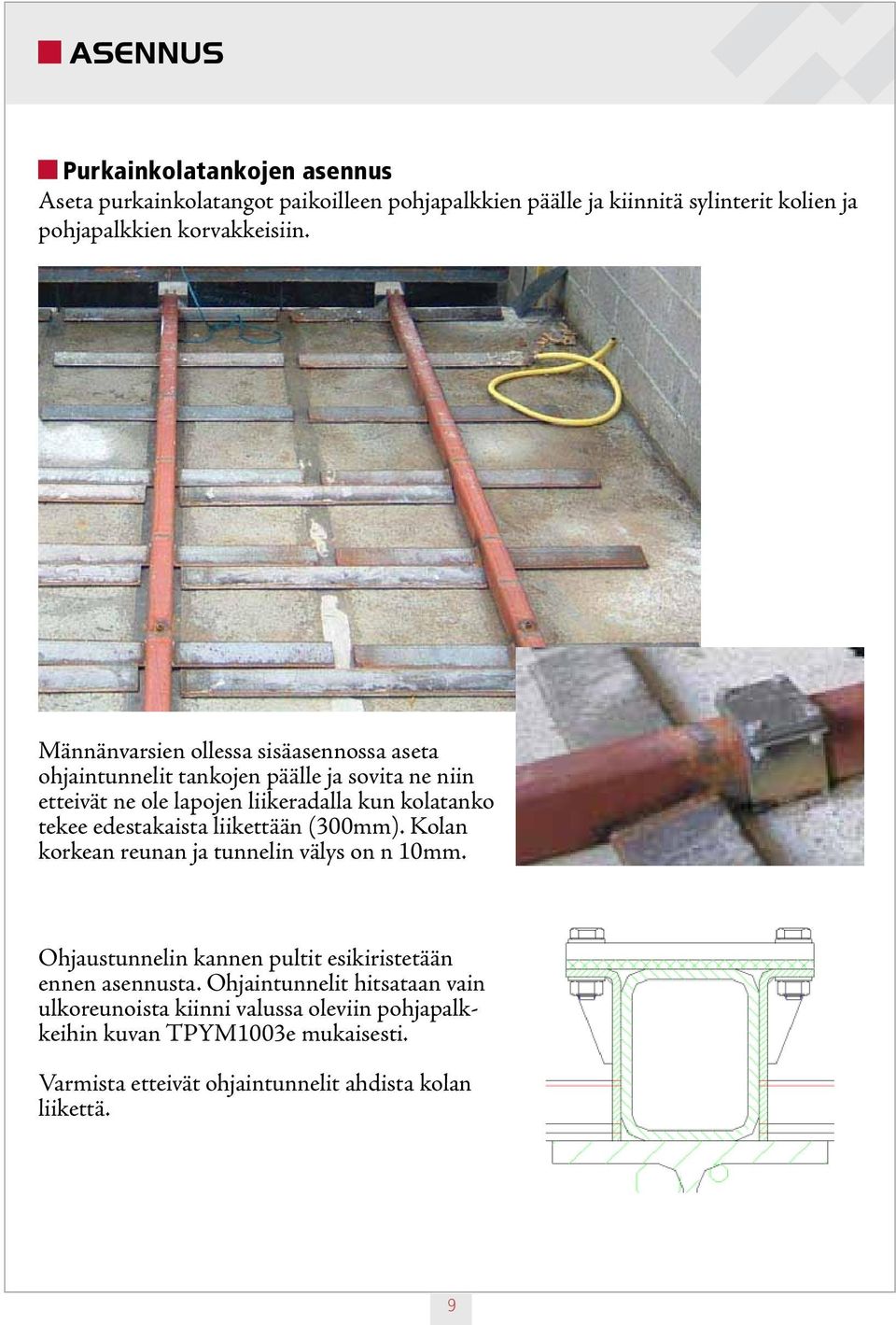 edestakaista liikettään (300mm). Kolan korkean reunan ja tunnelin välys on n 10mm. Ohjaustunnelin kannen pultit esikiristetään ennen asennusta.