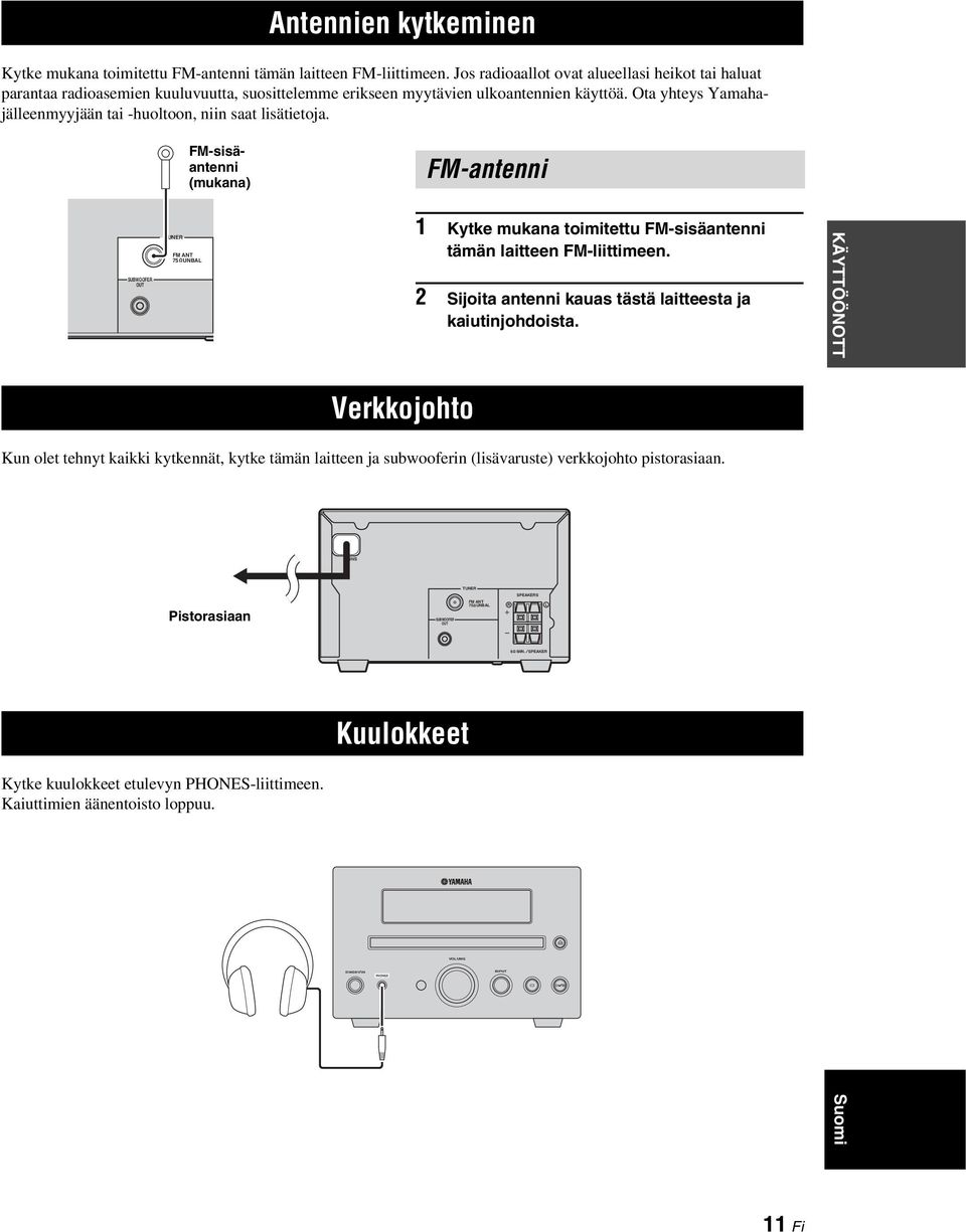 Ota yhteys Yamahajälleenmyyjään tai -huoltoon, niin saat lisätietoja. -sisäantenni (mukana) -antenni SUBWOOFER OUT TUNER ANT 75 UNBAL 1 Kytke mukana toimitettu -sisäantenni tämän laitteen -liittimeen.