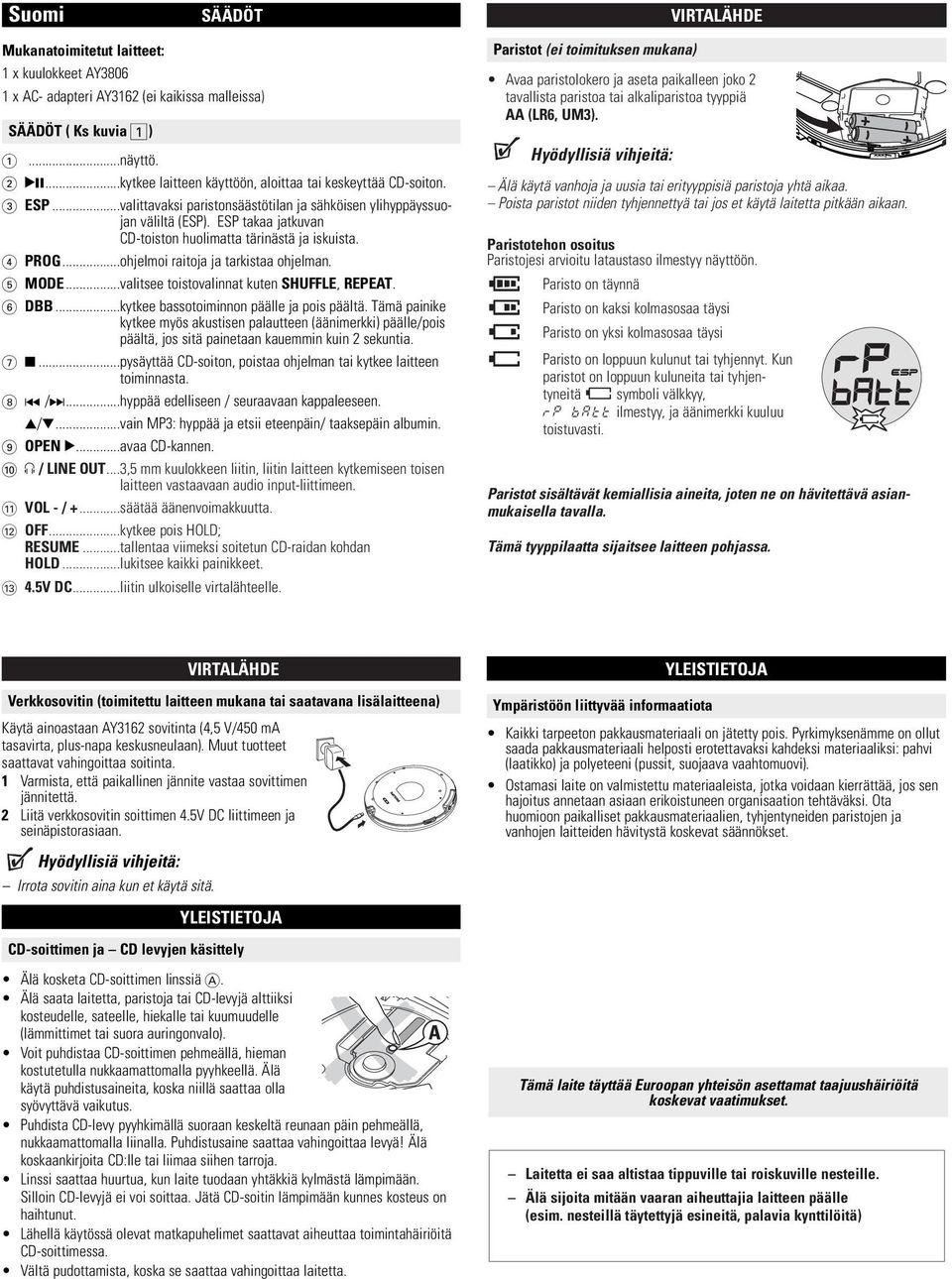 ESP takaa jatkuvan CD-toiston huolimatta tärinästä ja iskuista. 4 PROG...ohjelmoi raitoja ja tarkistaa ohjelman. 5 MODE...valitsee toistovalinnat kuten SHUFFLE, REPEAT. 6 DBB.