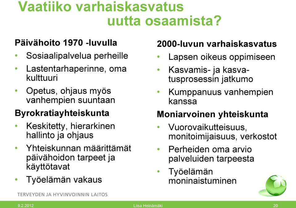 Keskitetty, hierarkinen hallinto ja ohjaus Yhteiskunnan määrittämät päivähoidon tarpeet ja käyttötavat Työelämän vakaus 2000-luvun varhaiskasvatus