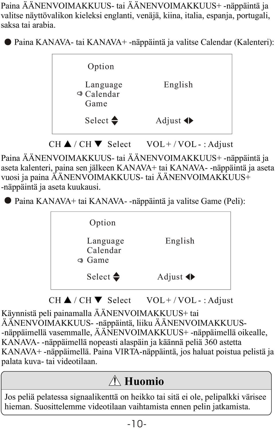 ÄÄNENVOIMAKKUUS+ -näppäintä ja aseta kalenteri, paina sen jälkeen KANAVA+ tai KANAVA- -näppäintä ja aseta vuosi ja paina ÄÄNENVOIMAKKUUS- tai ÄÄNENVOIMAKKUUS+ -näppäintä ja aseta kuukausi.