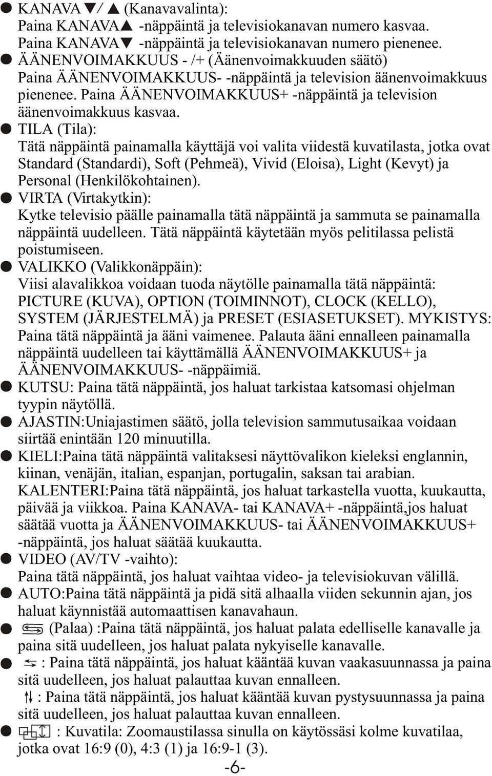 TILA (Tila): Tätä näppäintä painamalla käyttäjä voi valita viidestä kuvatilasta, jotka ovat Standard (Standardi), Soft (Pehmeä), Vivid (Eloisa), Light (Kevyt) ja Personal (Henkilökohtainen).