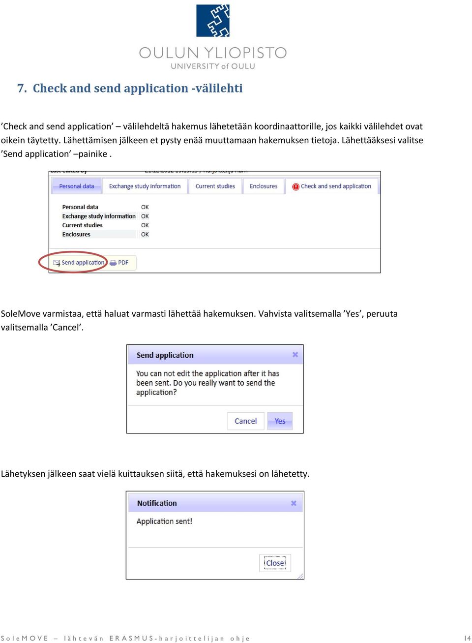 Lähettääksesi valitse Send application painike. SoleMove varmistaa, että haluat varmasti lähettää hakemuksen.