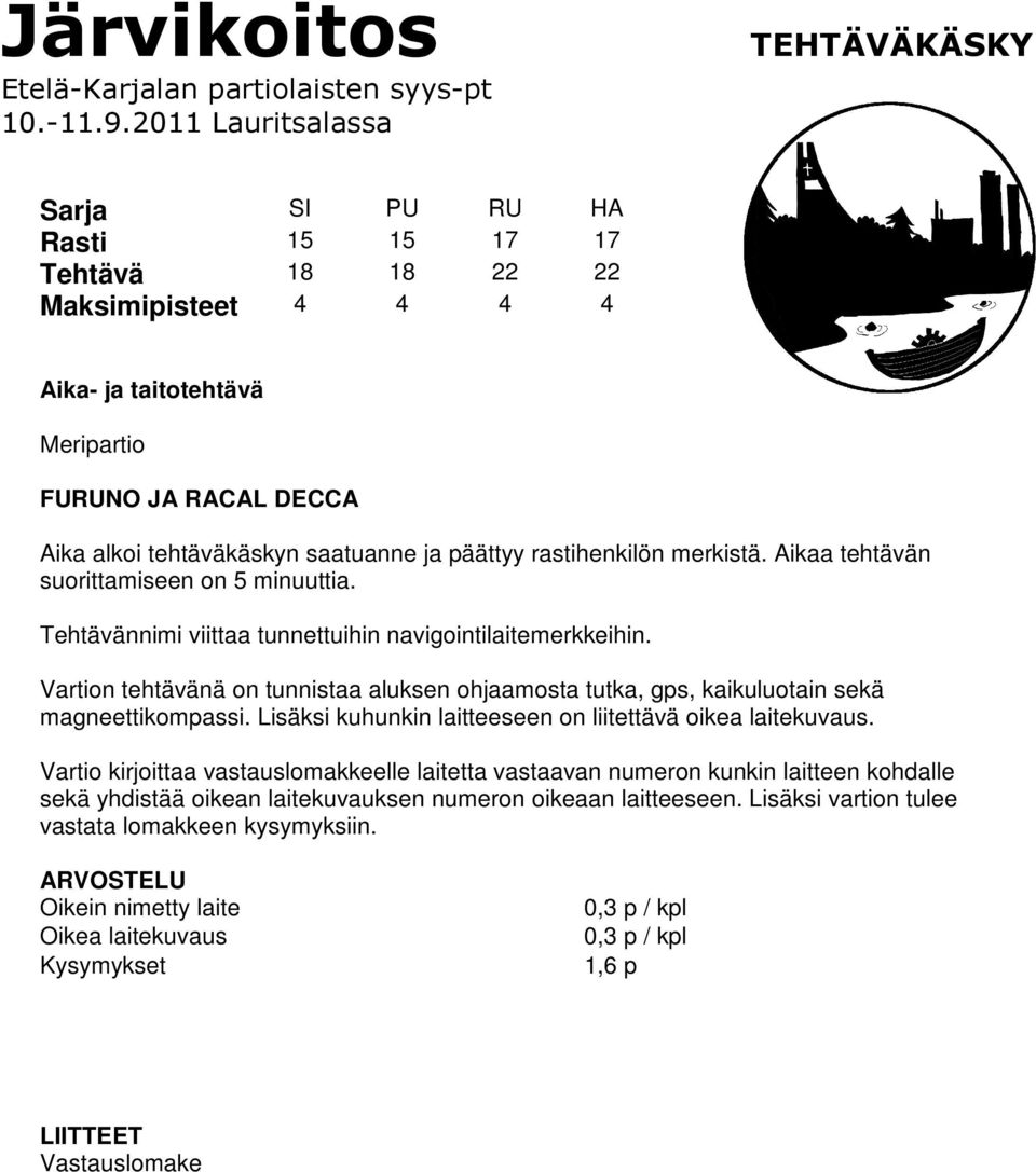 saatuanne ja päättyy rastihenkilön merkistä. Aikaa tehtävän suorittamiseen on 5 minuuttia. Tehtävännimi viittaa tunnettuihin navigointilaitemerkkeihin.