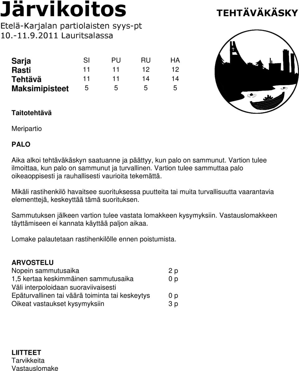 sammunut. Vartion tulee ilmoittaa, kun palo on sammunut ja turvallinen. Vartion tulee sammuttaa palo oikeaoppisesti ja rauhallisesti vaurioita tekemättä.