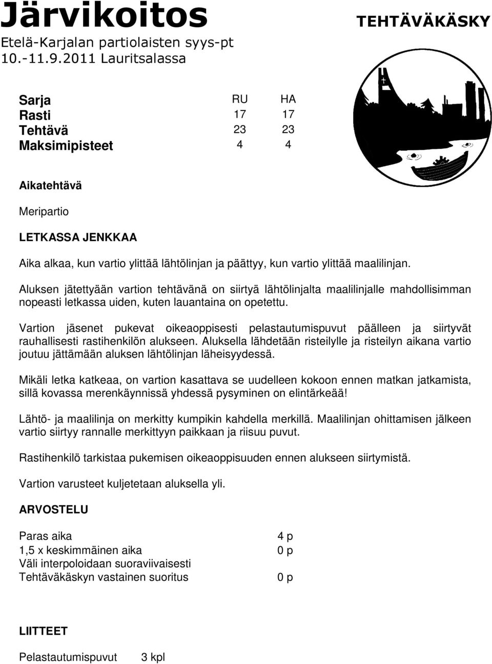 ylittää maalilinjan. Aluksen jätettyään vartion tehtävänä on siirtyä lähtölinjalta maalilinjalle mahdollisimman nopeasti letkassa uiden, kuten lauantaina on opetettu.