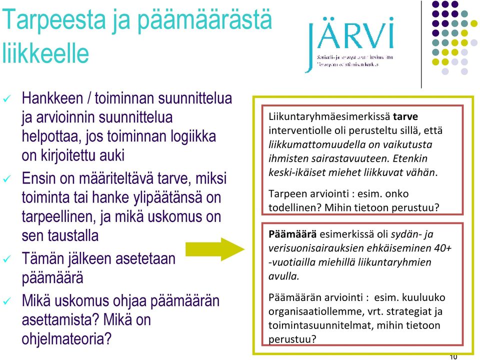 Liikuntaryhmäesimerkissätarve interventiolle oli perusteltu sillä, että liikkumattomuudella on vaikutusta ihmisten sairastavuuteen. Etenkin keski-ikäiset miehet liikkuvat vähän.