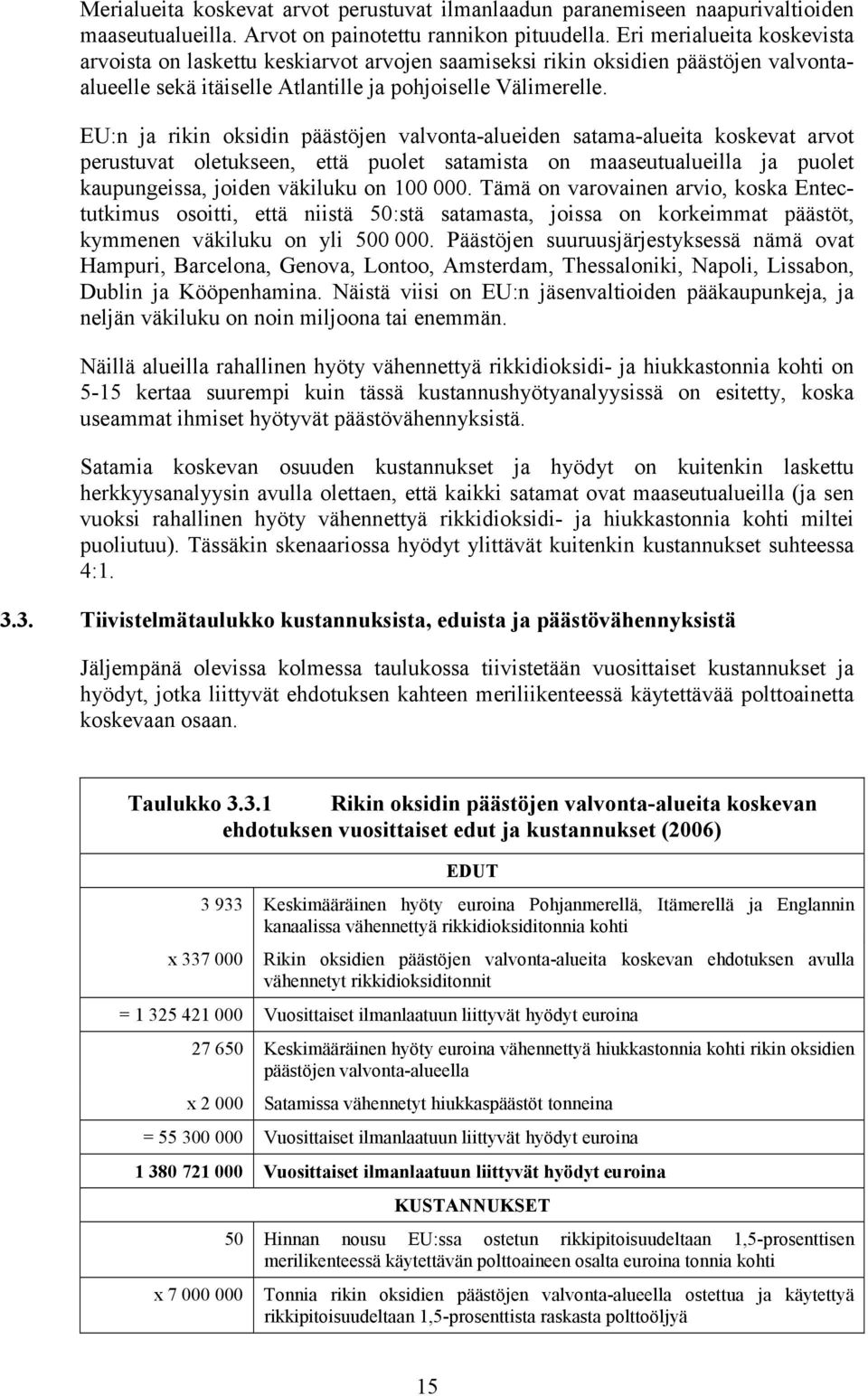 EU:n ja rikin oksidin päästöjen valvonta-alueiden satama-alueita koskevat arvot perustuvat oletukseen, että puolet satamista on maaseutualueilla ja puolet kaupungeissa, joiden väkiluku on 100 000.