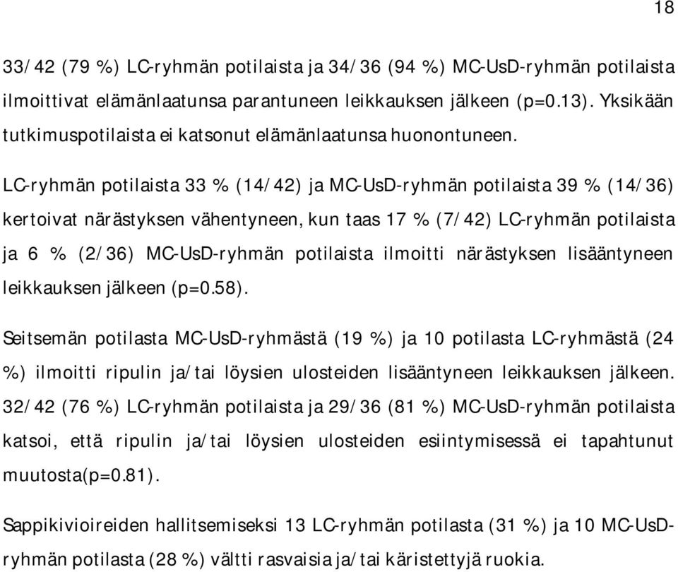 LCryhmän potilaista 33 % (14/42) ja MCUsDryhmän potilaista 39 % (14/36) kertoivat närästyksen vähentyneen, kun taas 17 % (7/42) LCryhmän potilaista ja 6 % (2/36) MCUsDryhmän potilaista ilmoitti