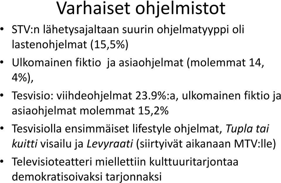 9%:a, ulkomainen fiktio ja asiaohjelmat molemmat 15,2% Tesvisiolla ensimmäiset lifestyle ohjelmat, Tupla