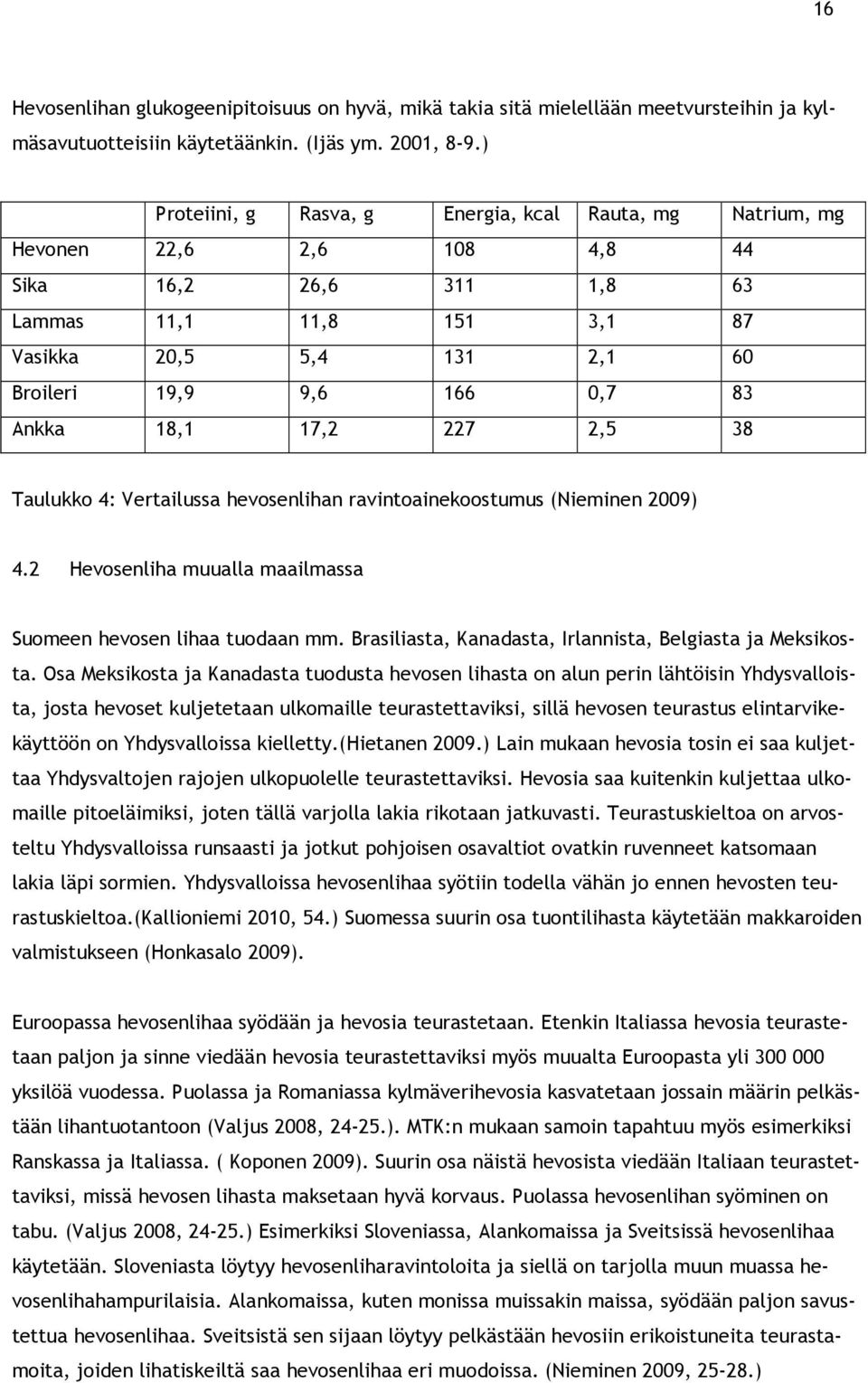 Ankka 18,1 17,2 227 2,5 38 Taulukko 4: Vertailussa hevosenlihan ravintoainekoostumus (Nieminen 2009) 4.2 Hevosenliha muualla maailmassa Suomeen hevosen lihaa tuodaan mm.