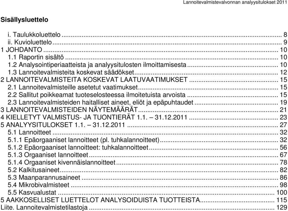 .. 19 3 LANNOITEVALMISTEIDEN NÄYTEMÄÄRÄT... 21 4 KIELLETYT VALMISTUS- JA TUONTIERÄT 1.1. 31.12.2011... 23 5 ANALYYSITULOKSET 1.1. 31.12.2011... 27 5.1 Lannoitteet... 32 5.1.1 Epäorgaaniset lannoitteet (pl.