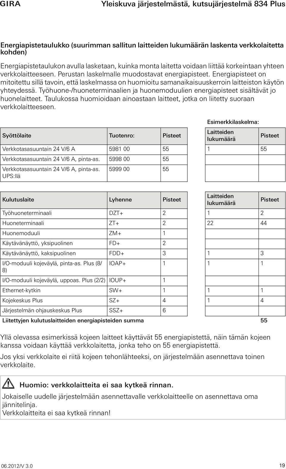 Työhuone-/huoneterminaalien ja huonemoduulien energiapisteet sisältävät jo huonelaitteet. Taulukossa huomioidaan ainoastaan laitteet, jotka on liitetty suoraan verkkolaitteeseen.