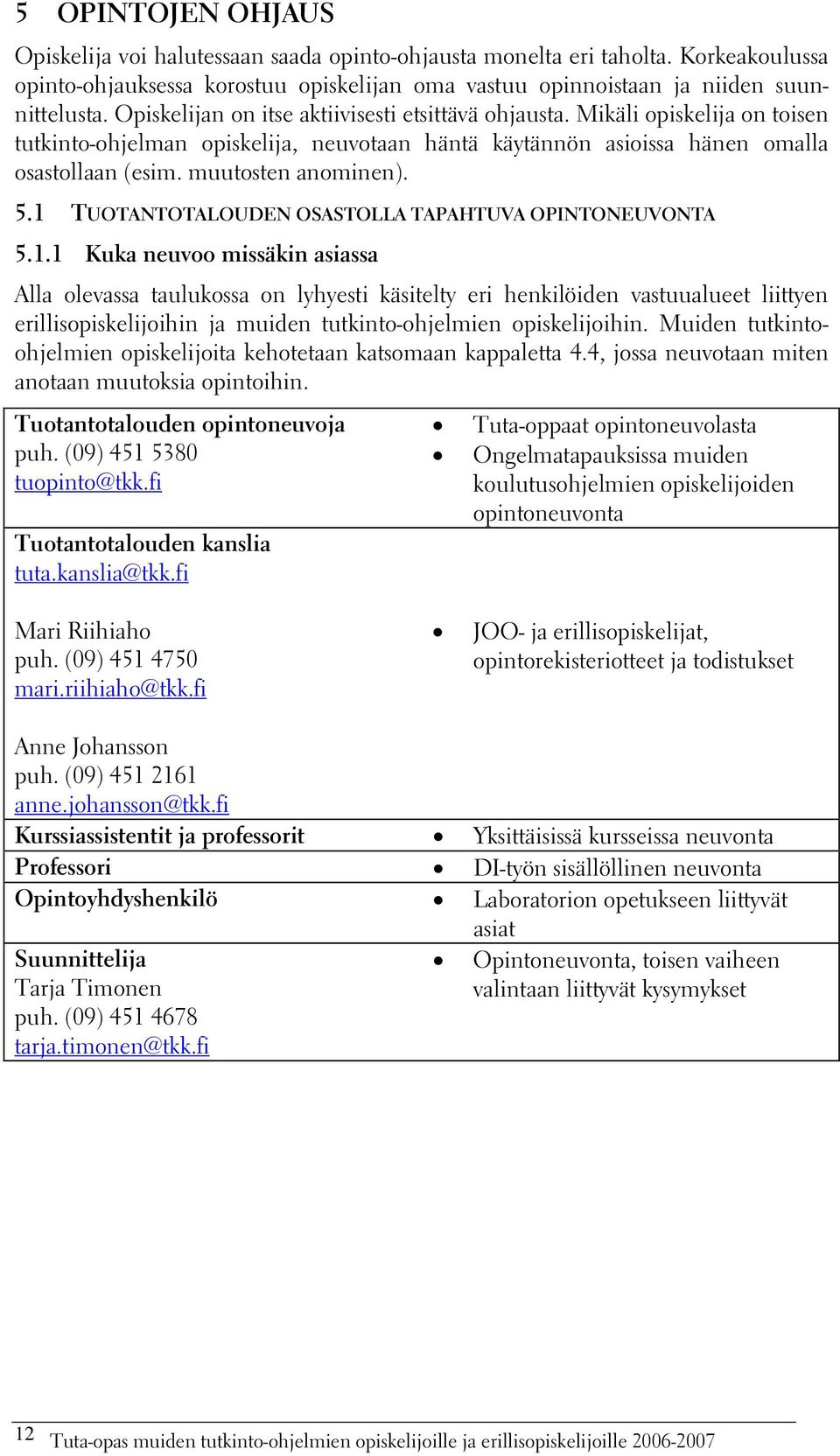 5.1 TUOTANTOTALOUDEN OSASTOLLA TAPAHTUVA OPINTONEUVONTA 5.1.1 Kuka neuvoo missäkin asiassa Alla olevassa taulukossa on lyhyesti käsitelty eri henkilöiden vastuualueet liittyen erillisopiskelijoihin ja muiden tutkinto-ohjelmien opiskelijoihin.