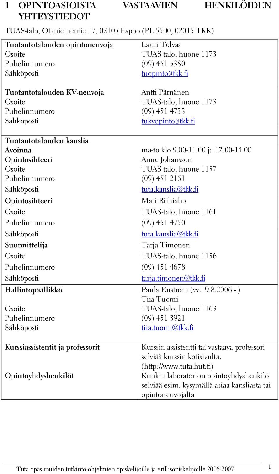 fi Tuotantotalouden kanslia Avoinna ma-to klo 9.00-11.00 ja 12.00-14.00 Opintosihteeri Anne Johansson Osoite TUAS-talo, huone 1157 Puhelinnumero (09) 451 2161 Sähköposti tuta.kanslia@tkk.