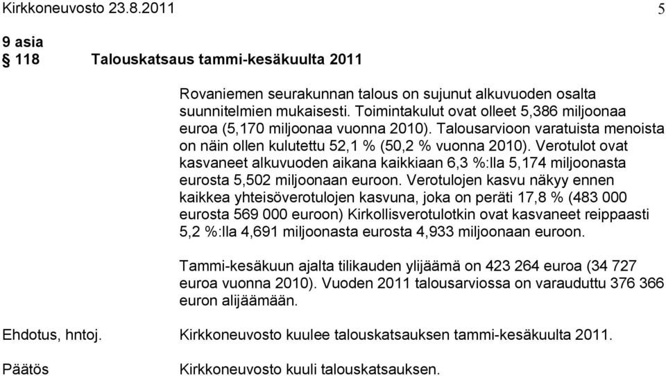 Verotulot ovat kasvaneet alkuvuoden aikana kaikkiaan 6,3 %:lla 5,174 miljoonasta eurosta 5,502 miljoonaan euroon.