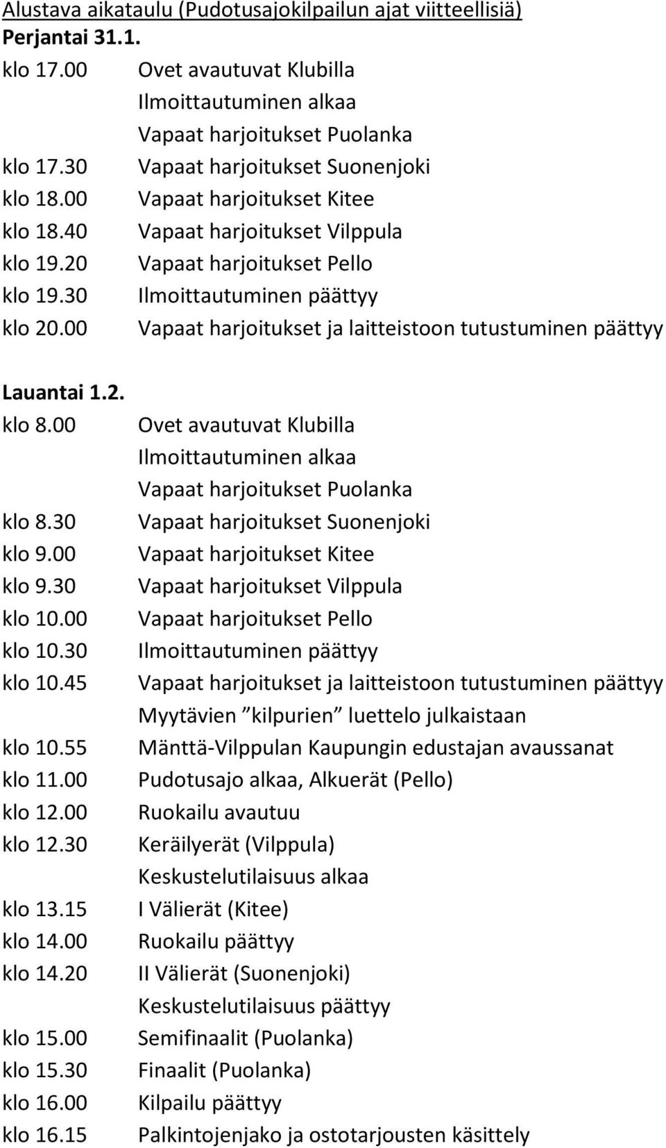 00 Vapaat harjoitukset ja laitteistoon tutustuminen päättyy Lauantai 1.2. klo 8.00 klo 8.30 klo 9.00 klo 9.30 klo 10.00 klo 10.30 klo 10.45 klo 10.55 klo 11.00 klo 12.00 klo 12.30 klo 13.15 klo 14.