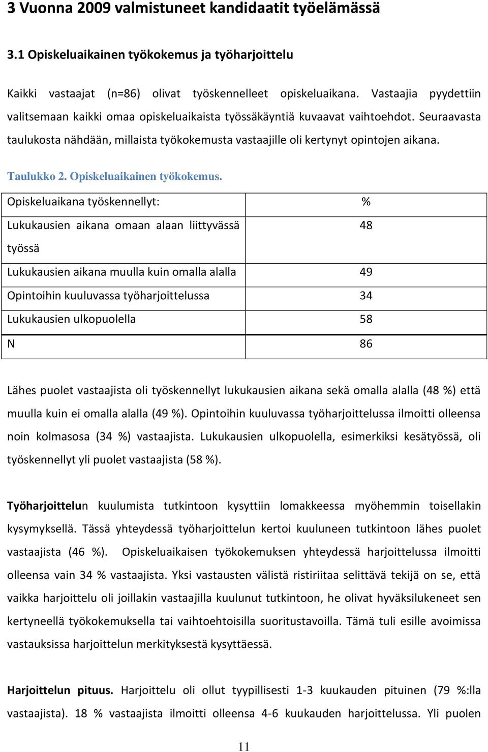 Taulukko 2. Opiskeluaikainen työkokemus.