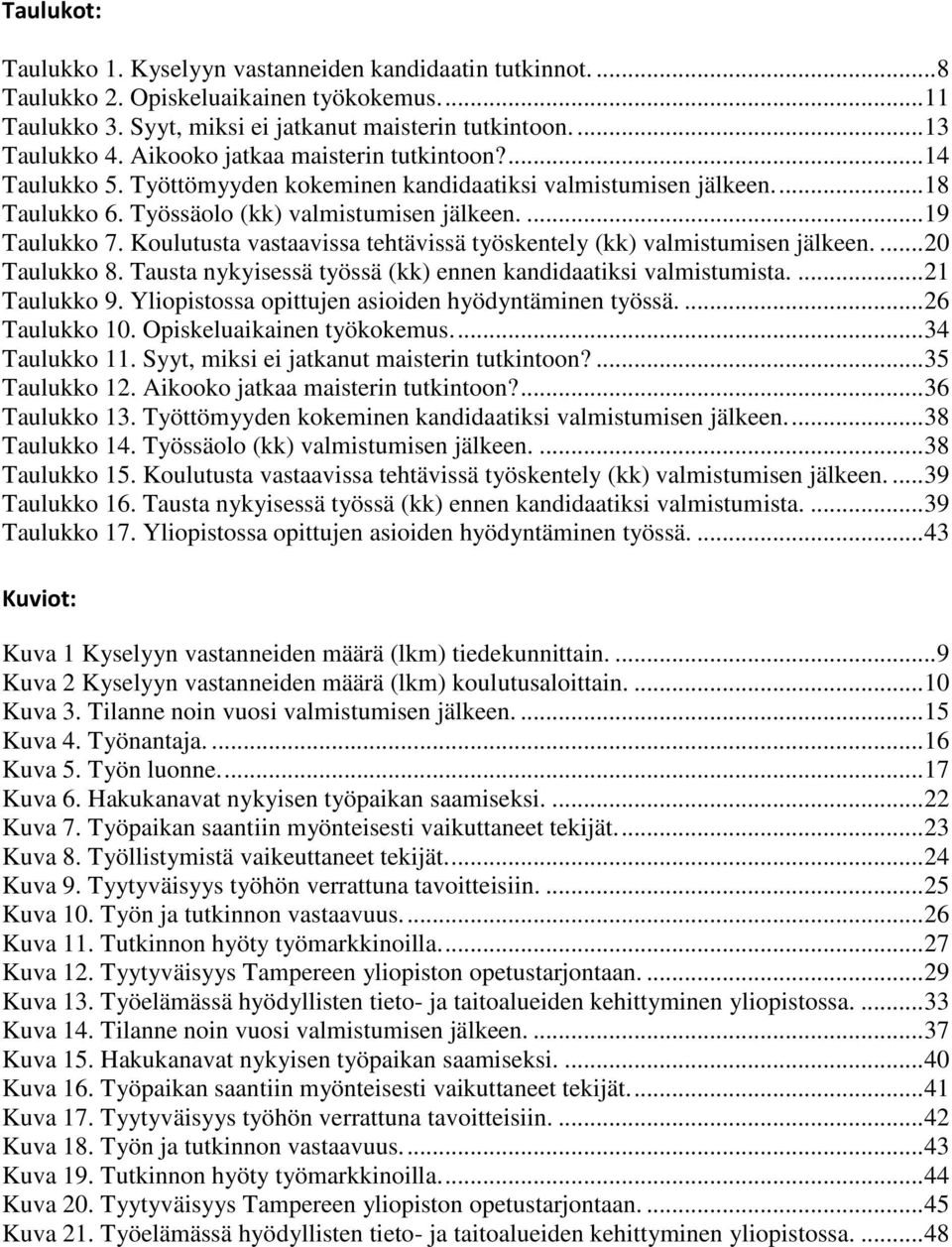 Koulutusta vastaavissa tehtävissä työskentely (kk) valmistumisen jälkeen.... 20 Taulukko 8. Tausta nykyisessä työssä (kk) ennen kandidaatiksi valmistumista.... 21 Taulukko 9.