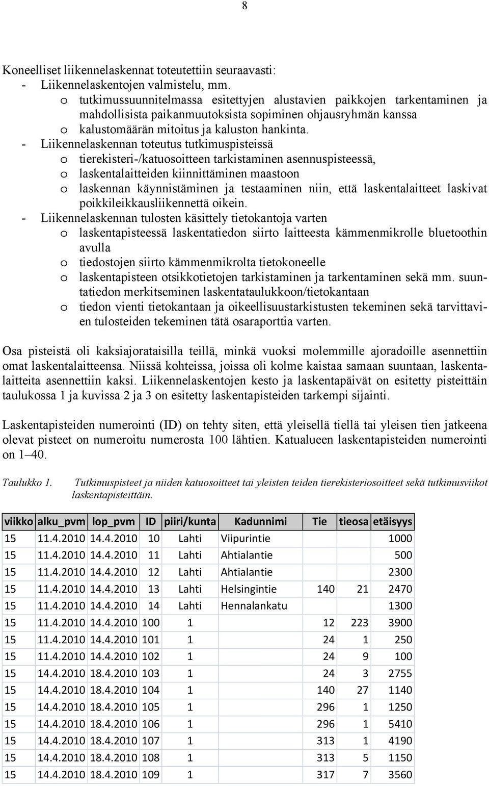 - Liikennelaskennan toteutus tutkimuspisteissä o tierekisteri-/katuosoitteen tarkistaminen asennuspisteessä, o laskentalaitteiden kiinnittäminen maastoon o laskennan käynnistäminen ja testaaminen