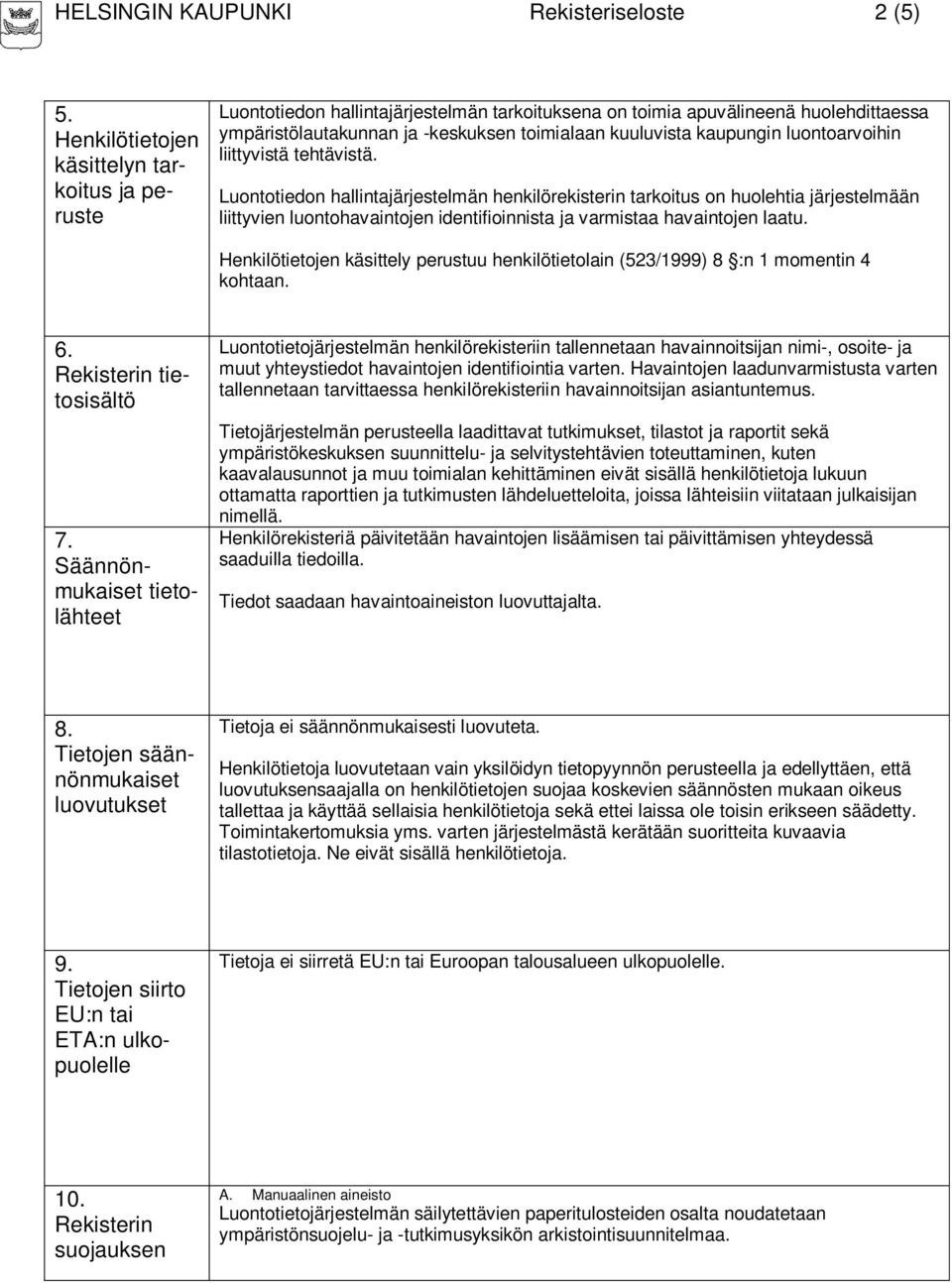 kaupungin luontoarvoihin liittyvistä tehtävistä.