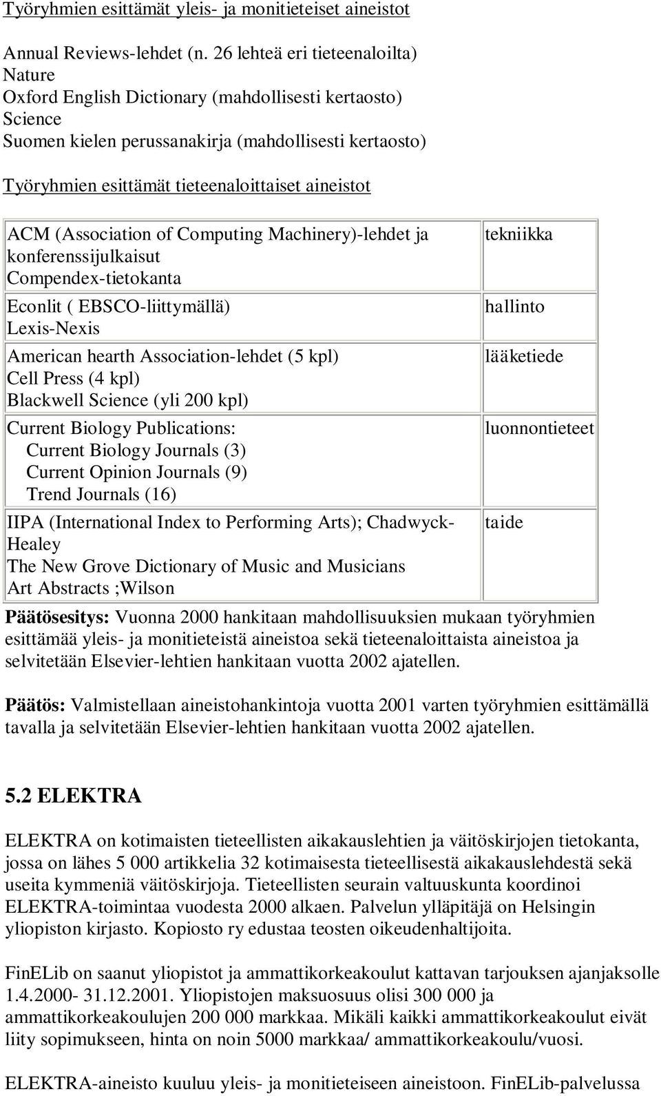 aineistot ACM (Association of Computing Machinery)-lehdet ja konferenssijulkaisut Compendex-tietokanta Econlit ( EBSCO-liittymällä) Lexis-Nexis American hearth Association-lehdet (5 kpl) Cell Press