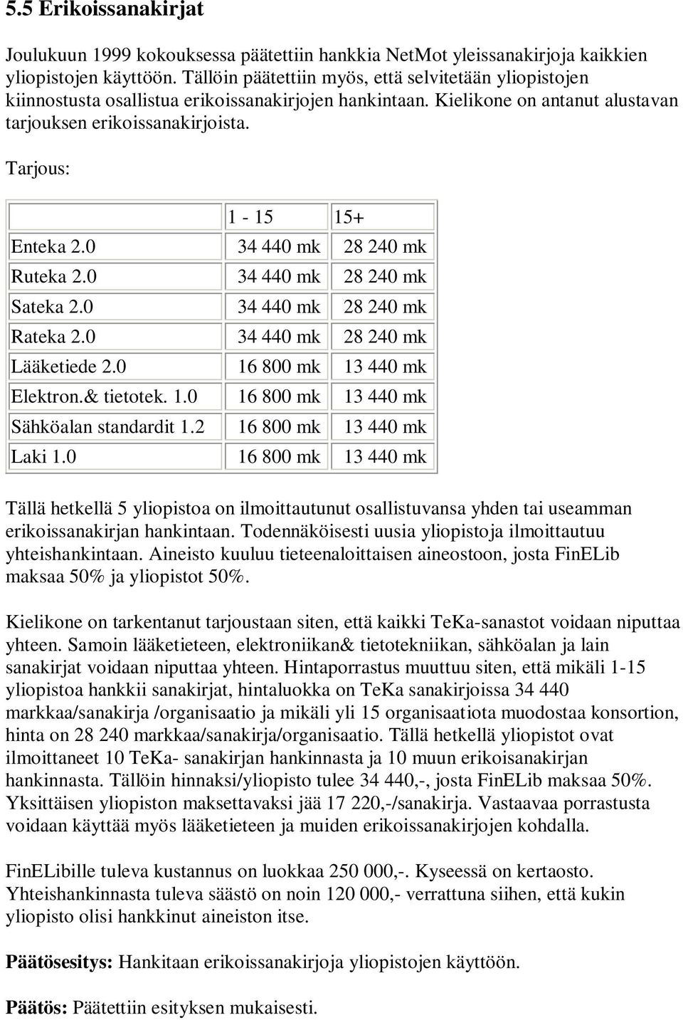 Tarjous: 1-15 15+ Enteka 2.0 34 440 mk 28 240 mk Ruteka 2.0 34 440 mk 28 240 mk Sateka 2.0 34 440 mk 28 240 mk Rateka 2.0 34 440 mk 28 240 mk Lääketiede 2.0 16 800 mk 13 440 mk Elektron.& tietotek. 1.0 16 800 mk 13 440 mk Sähköalan standardit 1.