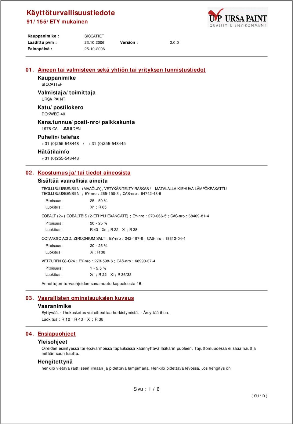 Koostumus ja/tai tiedot aineosista Sisältää vaarallisia aineita TEOLLISUUSBENSIINI (MAAÖLJY), VETYKÄSITELTY RASKAS / MATALALLA KIEHUVA LÄMPÖKRAKATTU TEOLLISUUSBENSIINI ; EY-nro : 265-150-3 ; CAS-nro