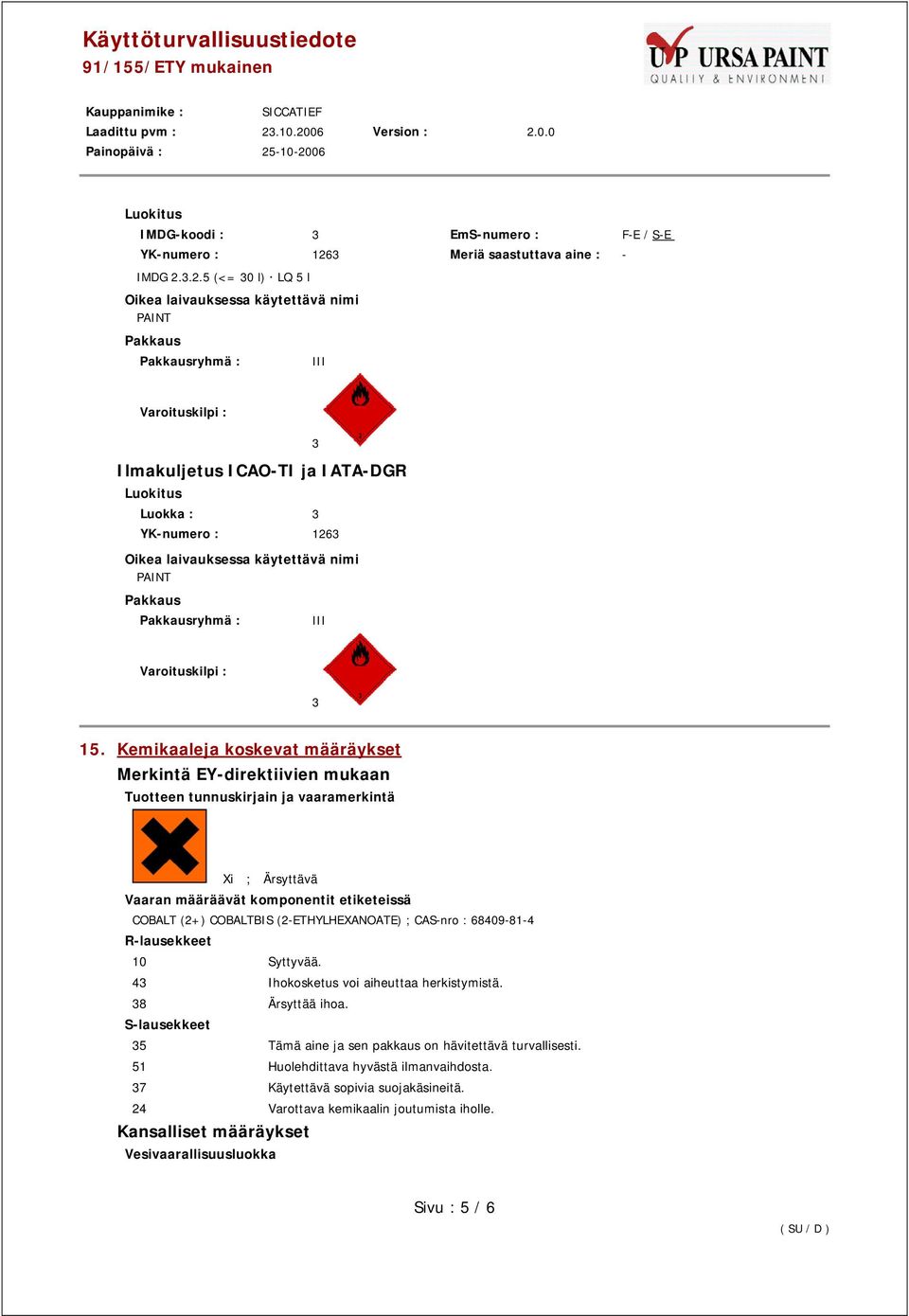 3.2.5 (<= 30 l) LQ 5 l Oikea laivauksessa käytettävä nimi PAINT Pakkaus Pakkausryhmä : III Varoituskilpi : Ilmakuljetus ICAO-TI ja IATA-DGR Luokitus Luokka : 3 YK-numero : 1263 Oikea laivauksessa