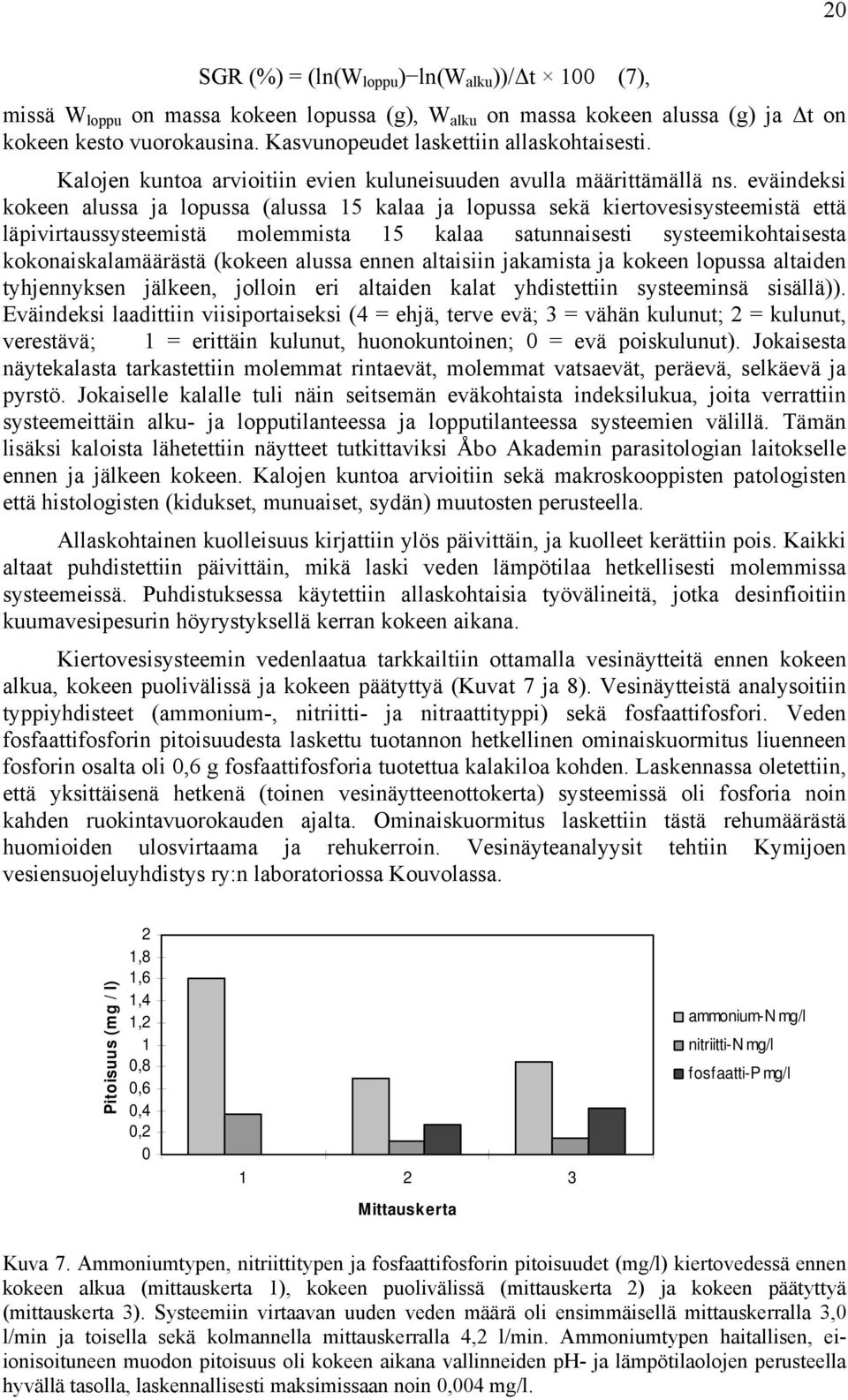 eväindeksi kokeen alussa ja lopussa (alussa 15 kalaa ja lopussa sekä kiertovesisysteemistä että läpivirtaussysteemistä molemmista 15 kalaa satunnaisesti systeemikohtaisesta kokonaiskalamäärästä