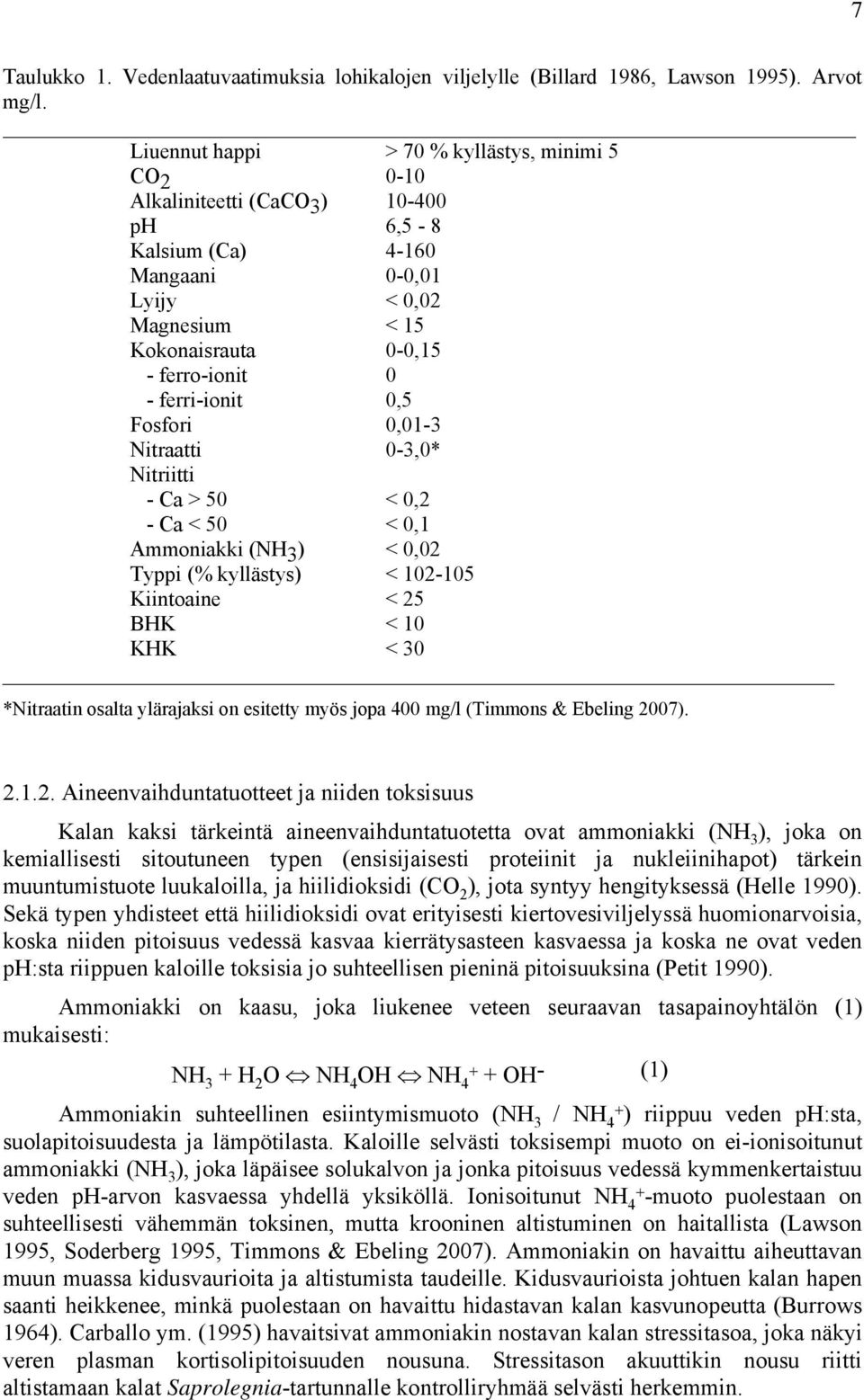 ferri-ionit 0,5 Fosfori 0,01-3 Nitraatti 0-3,0* Nitriitti - Ca > 50 < 0,2 - Ca < 50 < 0,1 Ammoniakki (NH 3 ) < 0,02 Typpi (% kyllästys) < 102-105 Kiintoaine < 25 BHK < 10 KHK < 30 *Nitraatin osalta