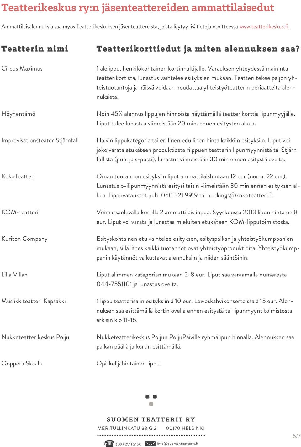 Varauksen yhteydessä maininta teatterikortista, lunastus vaihtelee esityksien mukaan. Teatteri tekee paljon yhteistuotantoja ja näissä voidaan noudattaa yhteistyöteatterin periaatteita alennuksista.