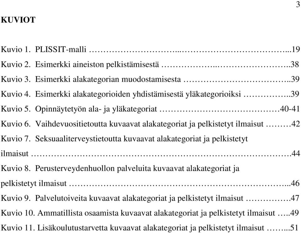 Vaihdevuositietoutta kuvaavat alakategoriat ja pelkistetyt ilmaisut 42 Kuvio 7. Seksuaaliterveystietoutta kuvaavat alakategoriat ja pelkistetyt ilmaisut.44 Kuvio 8.
