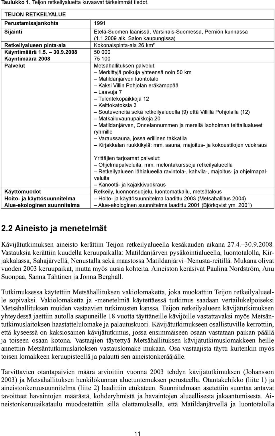 Salon kaupungissa) Kokonaispinta-ala 26 km² 50 000 75 100 Metsähallituksen palvelut: Merkittyjä polkuja yhteensä noin 50 km Matildanjärven luontotalo Kaksi Villin Pohjolan eräkämppää Laavuja 7