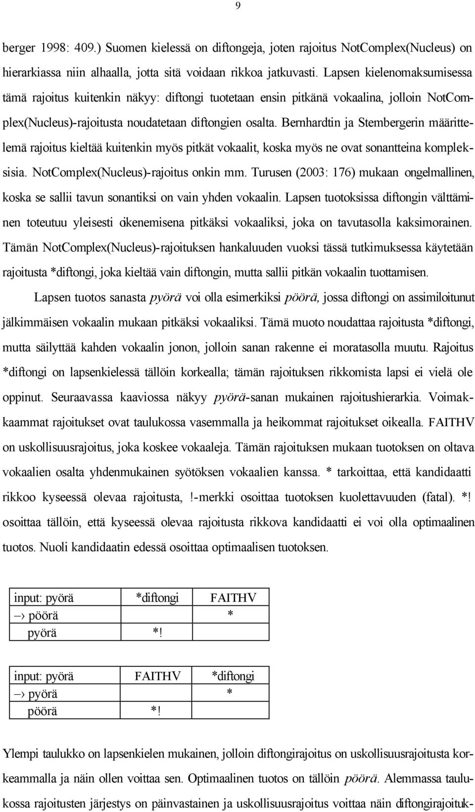 Bernhardtin ja Stembergerin määrittelemä rajoitus kieltää kuitenkin myös pitkät vokaalit, koska myös ne ovat sonantteina kompleksisia. NotComplex(Nucleus)-rajoitus onkin mm.