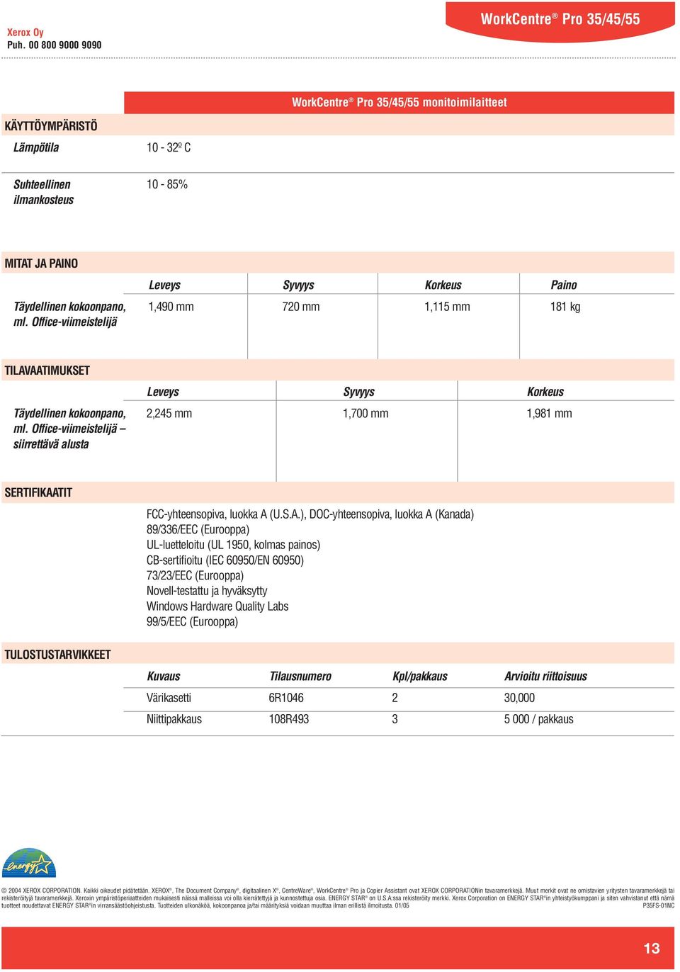 Office-viimeistelijä siirrettävä alusta Leveys Syvyys Korkeus 2,245 mm 1,700 mm 1,981 mm SERTIFIKAA