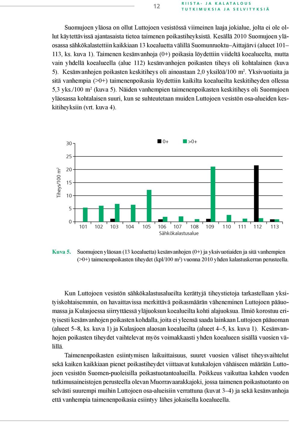 Taimenen kesänvanhoja (0+) poikasia löydettiin viideltä koealueelta, mutta vain yhdellä koealueella (alue 112) kesänvanhojen poikasten tiheys oli kohtalainen (kuva 5).