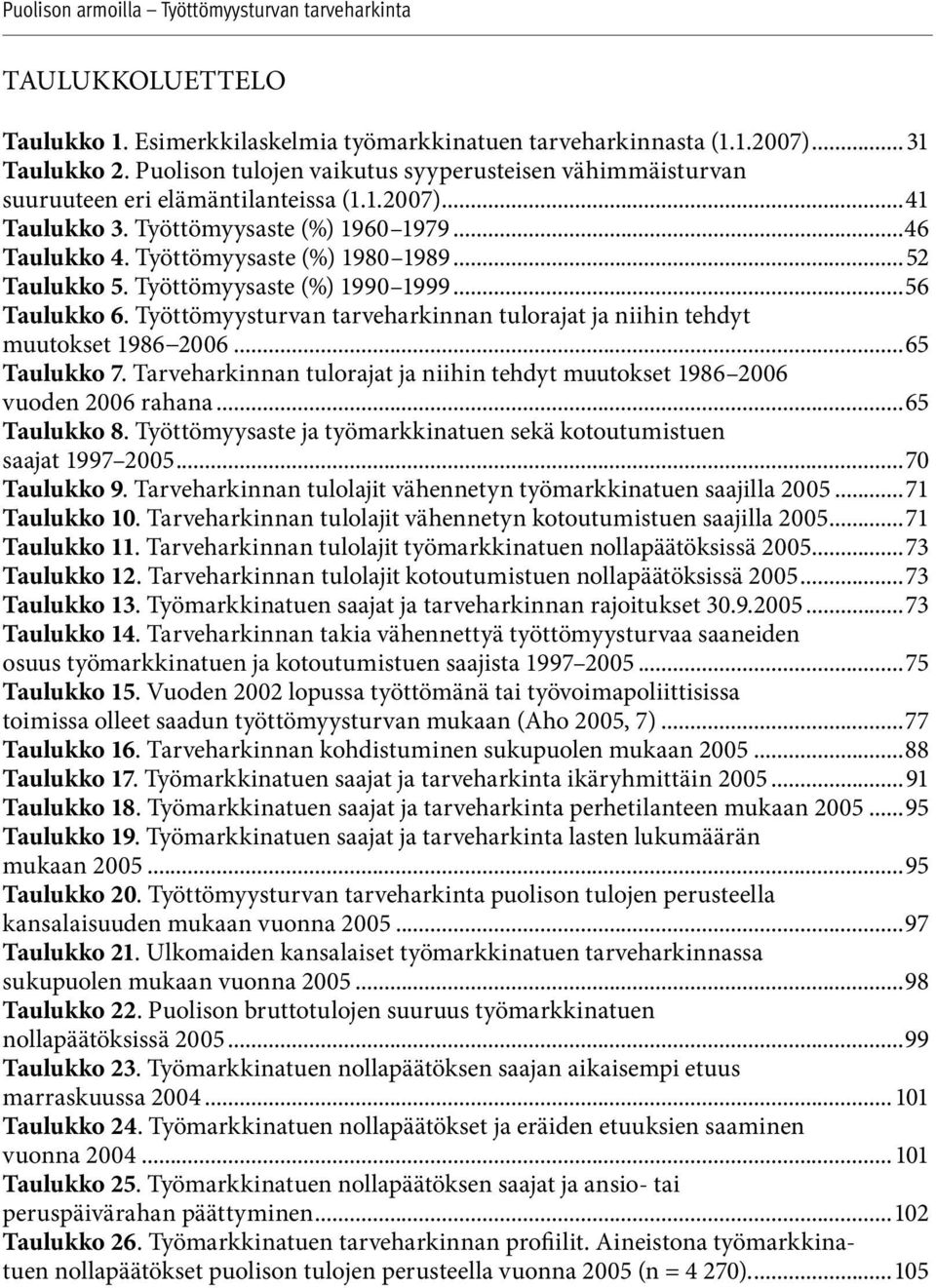 ..52 Taulukko 5. Työttömyysaste (%) 1990 1999...56 Taulukko 6. Työttömyysturvan tarveharkinnan tulorajat ja niihin tehdyt muutokset 1986 2006...65 Taulukko 7.