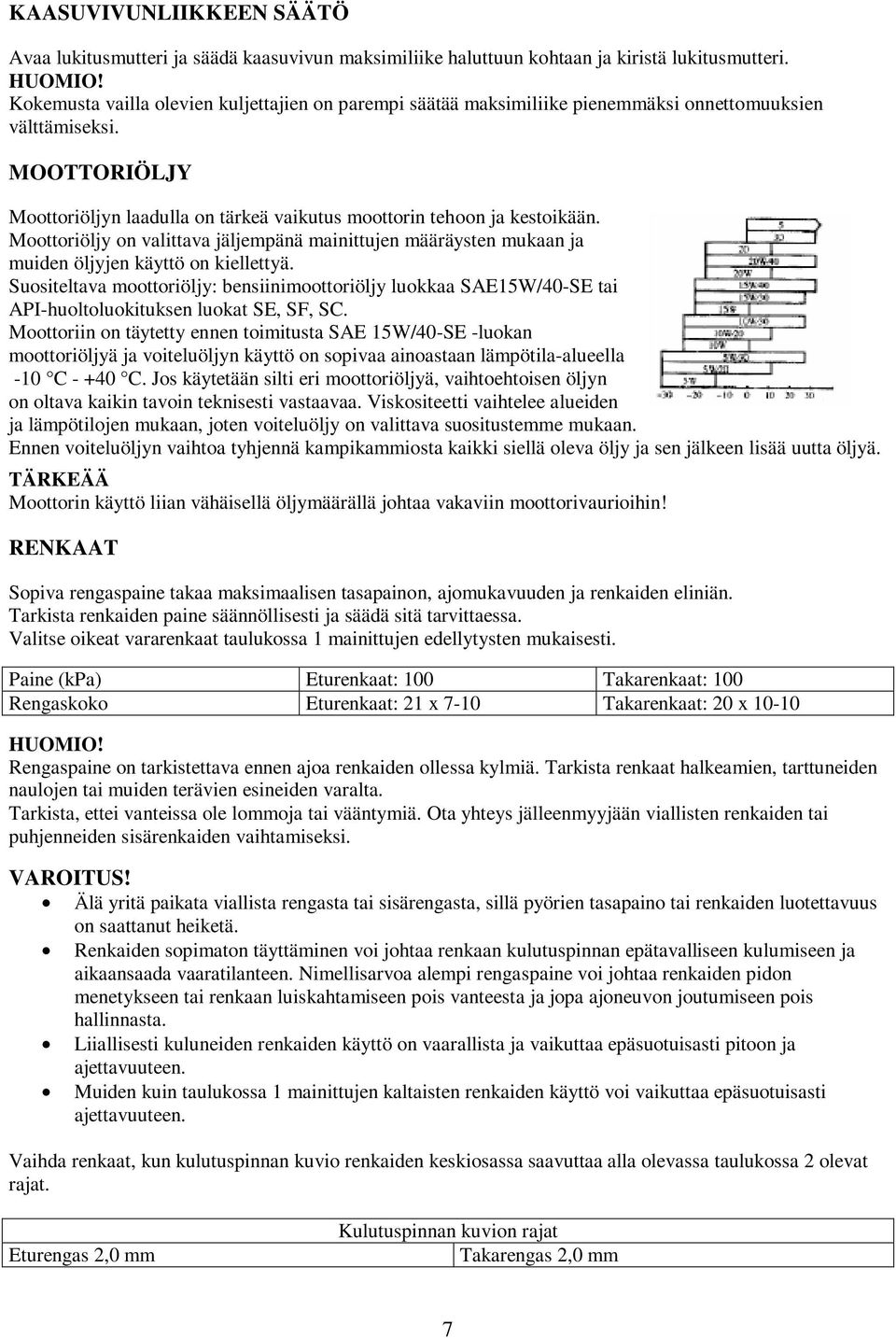 Moottoriöljy on valittava jäljempänä mainittujen määräysten mukaan ja muiden öljyjen käyttö on kiellettyä.