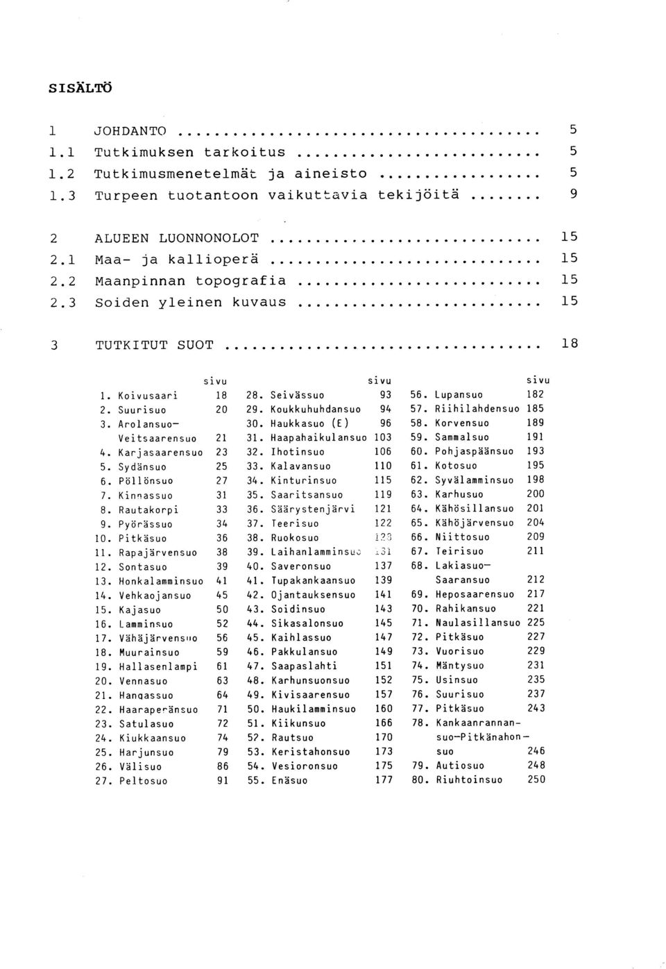 Riihilahdensuo 18 5 3. Arolansuo- 30. Haukkasuo (E) 96 58. Korvensuo 18 9 Veitsaarensuo 21 31. Haapahaikulansuo 103 59. Sammalsuo 19 1 4. Karjasaarensuo 23 32. Ihotinsuo 106 60. Pohjaspäänsuo 19 3 5.