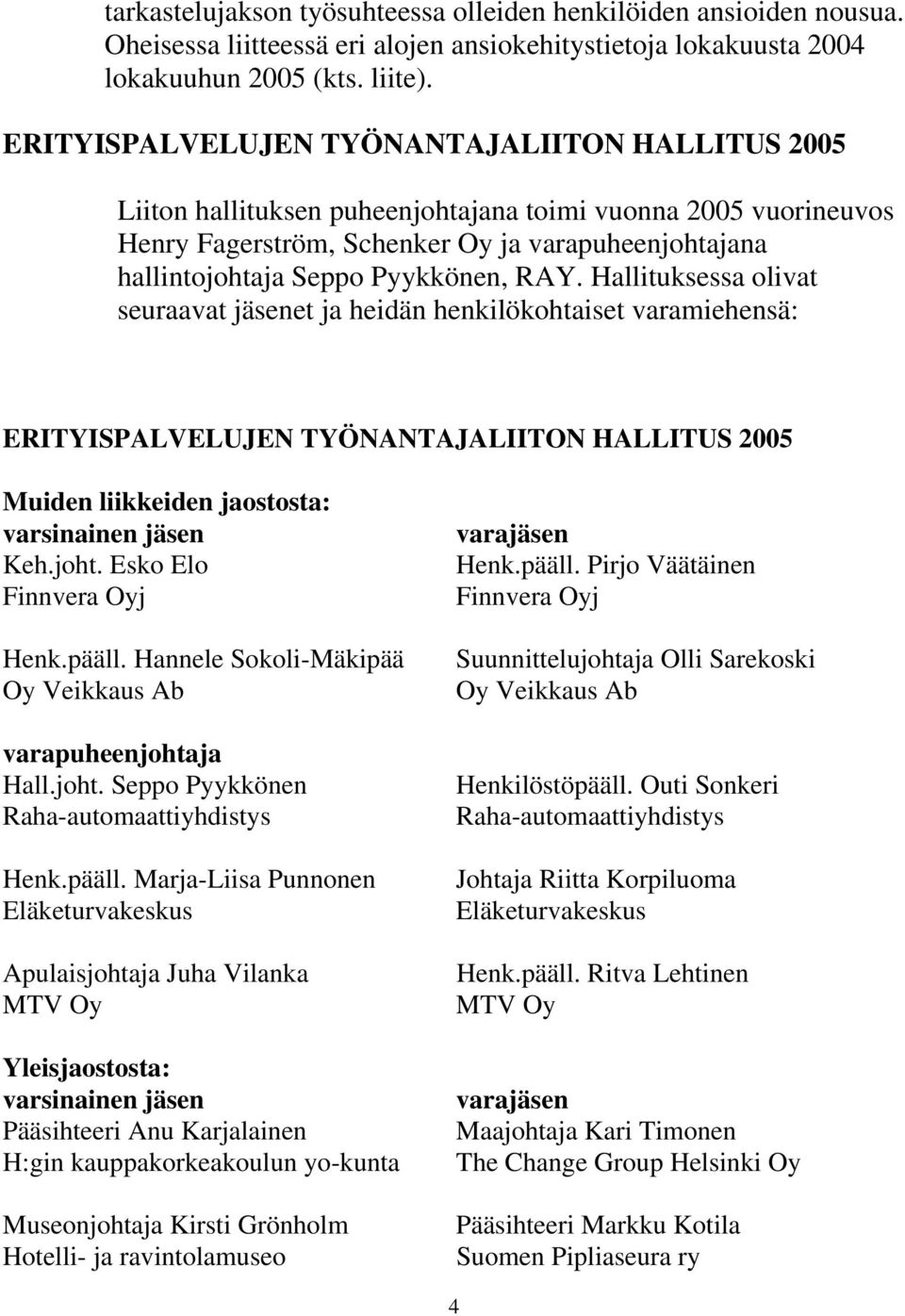 RAY. Hallituksessa olivat seuraavat jäsenet ja heidän henkilökohtaiset varamiehensä: ERITYISPALVELUJEN TYÖNANTAJALIITON HALLITUS 2005 Muiden liikkeiden jaostosta: Keh.joht. Esko Elo Finnvera Oyj Henk.