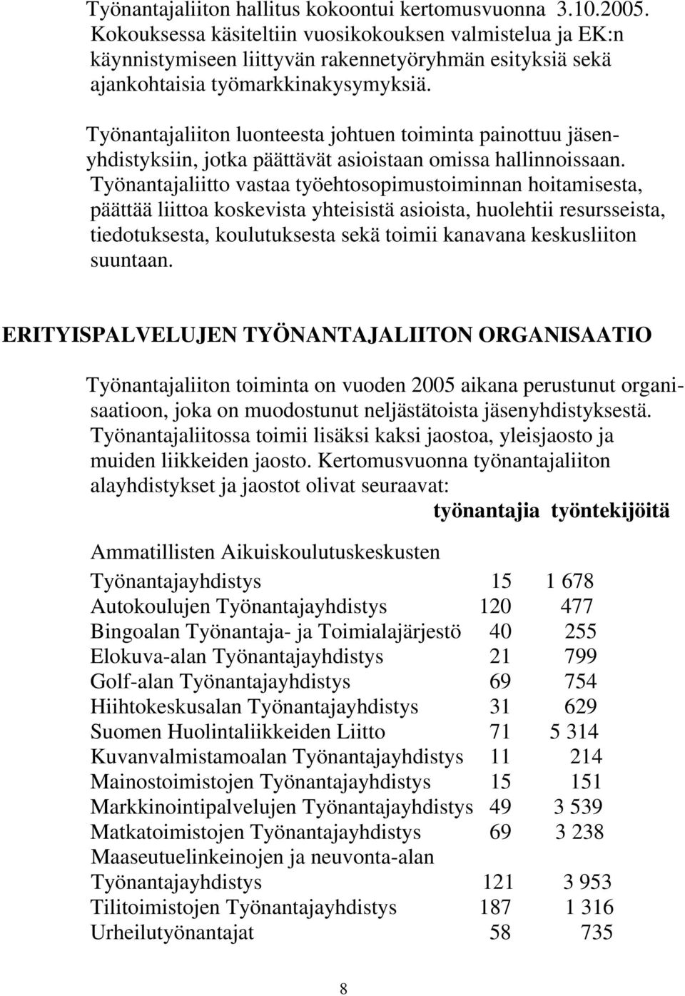 Työnantajaliiton luonteesta johtuen toiminta painottuu jäsenyhdistyksiin, jotka päättävät asioistaan omissa hallinnoissaan.