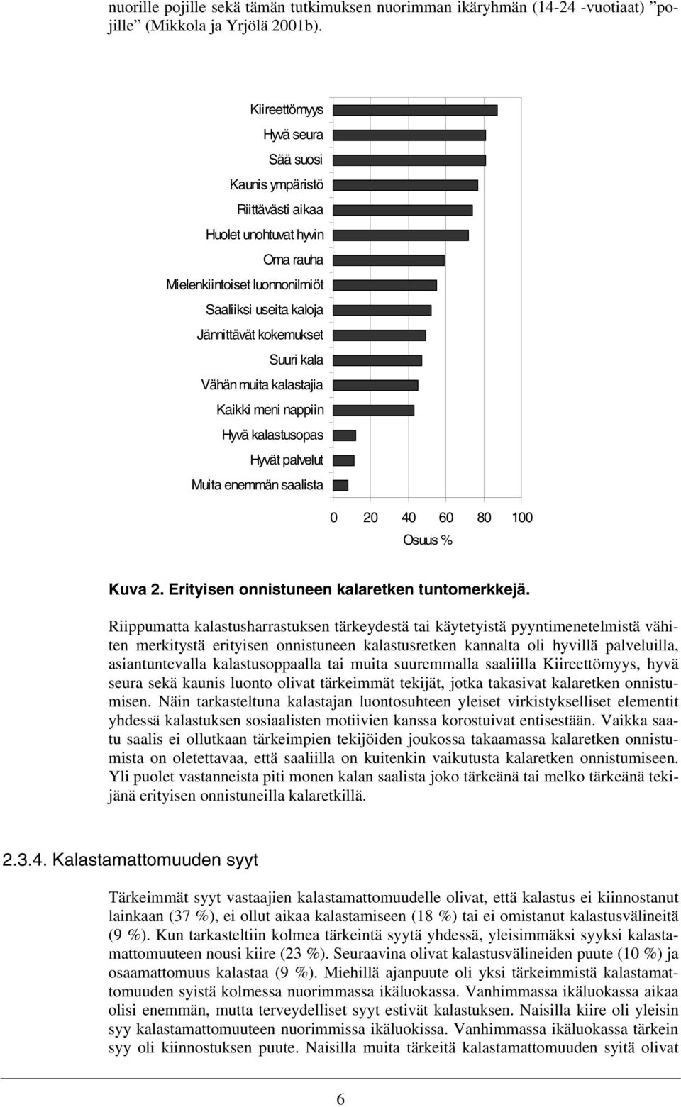 muita kalastajia Kaikki meni nappiin Hyvä kalastusopas Hyvät palvelut Muita enemmän saalista 0 20 40 60 80 100 Osuus % Kuva 2. Erityisen onnistuneen kalaretken tuntomerkkejä.