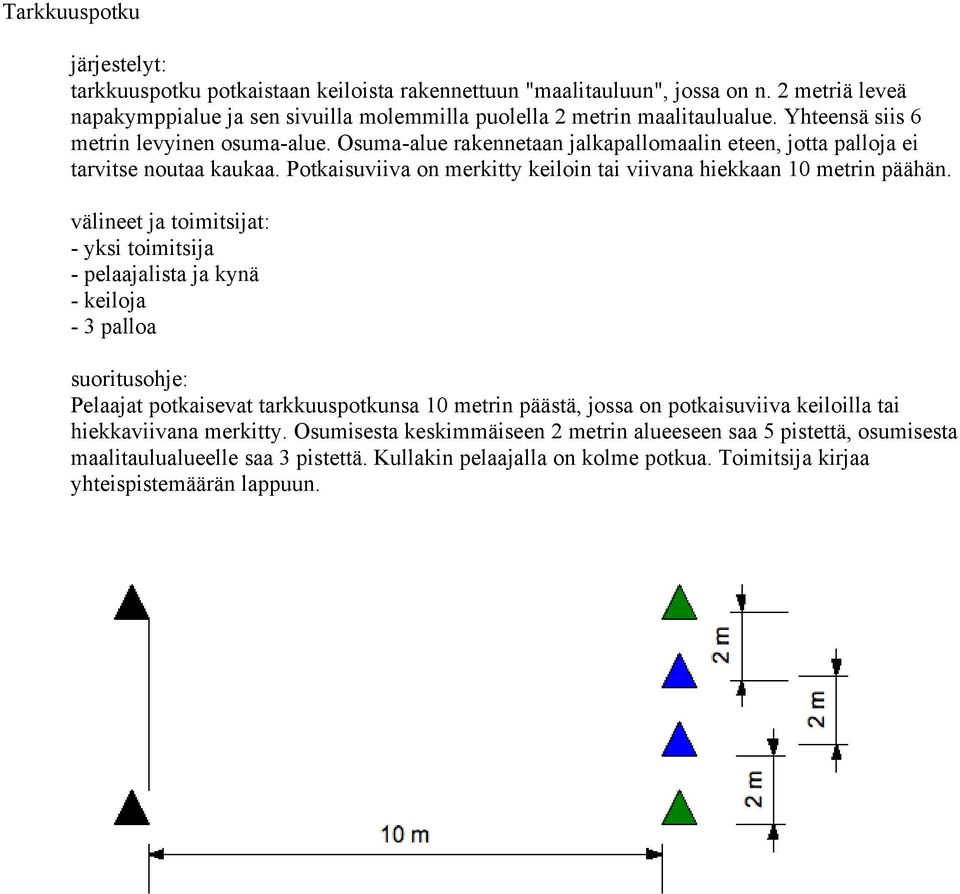 Osuma-alue rakennetaan jalkapallomaalin eteen, jotta palloja ei tarvitse noutaa kaukaa. Potkaisuviiva on merkitty keiloin tai viivana hiekkaan 10 metrin päähän.