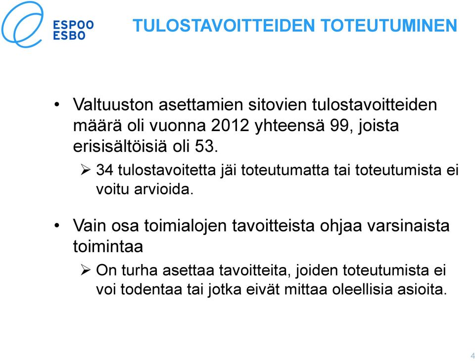 34 tulostavoitetta jäi toteutumatta tai toteutumista ei voitu arvioida.