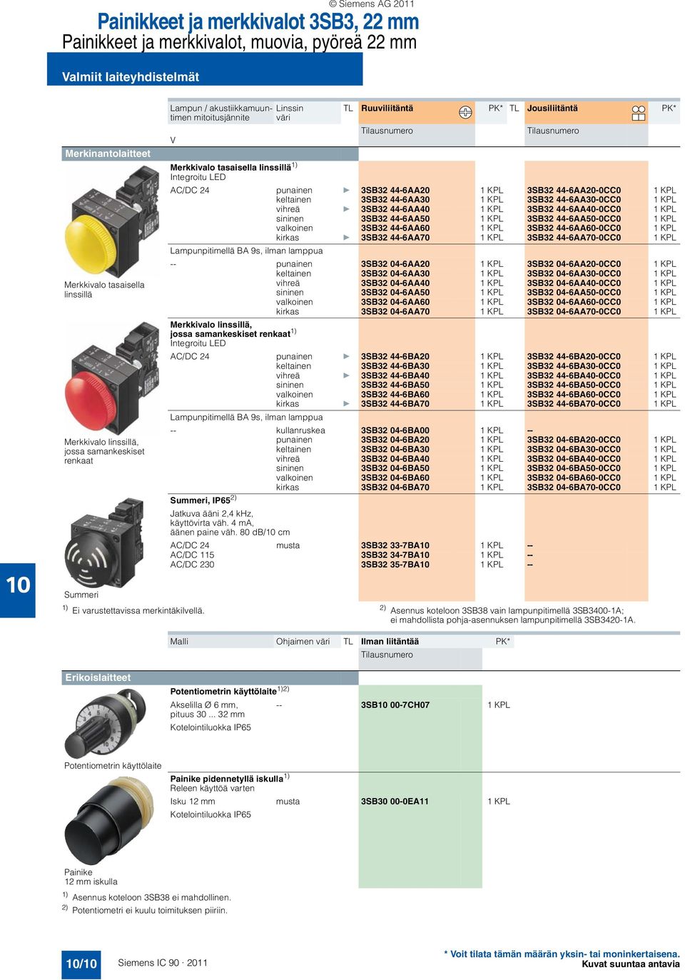3SB32 44-6AA20 1 KPL 3SB32 44-6AA20-0CC0 1 KPL keltainen 3SB32 44-6AA30 1 KPL 3SB32 44-6AA30-0CC0 1 KPL vihreä } 3SB32 44-6AA40 1 KPL 3SB32 44-6AA40-0CC0 1 KPL sininen 3SB32 44-6AA50 1 KPL 3SB32