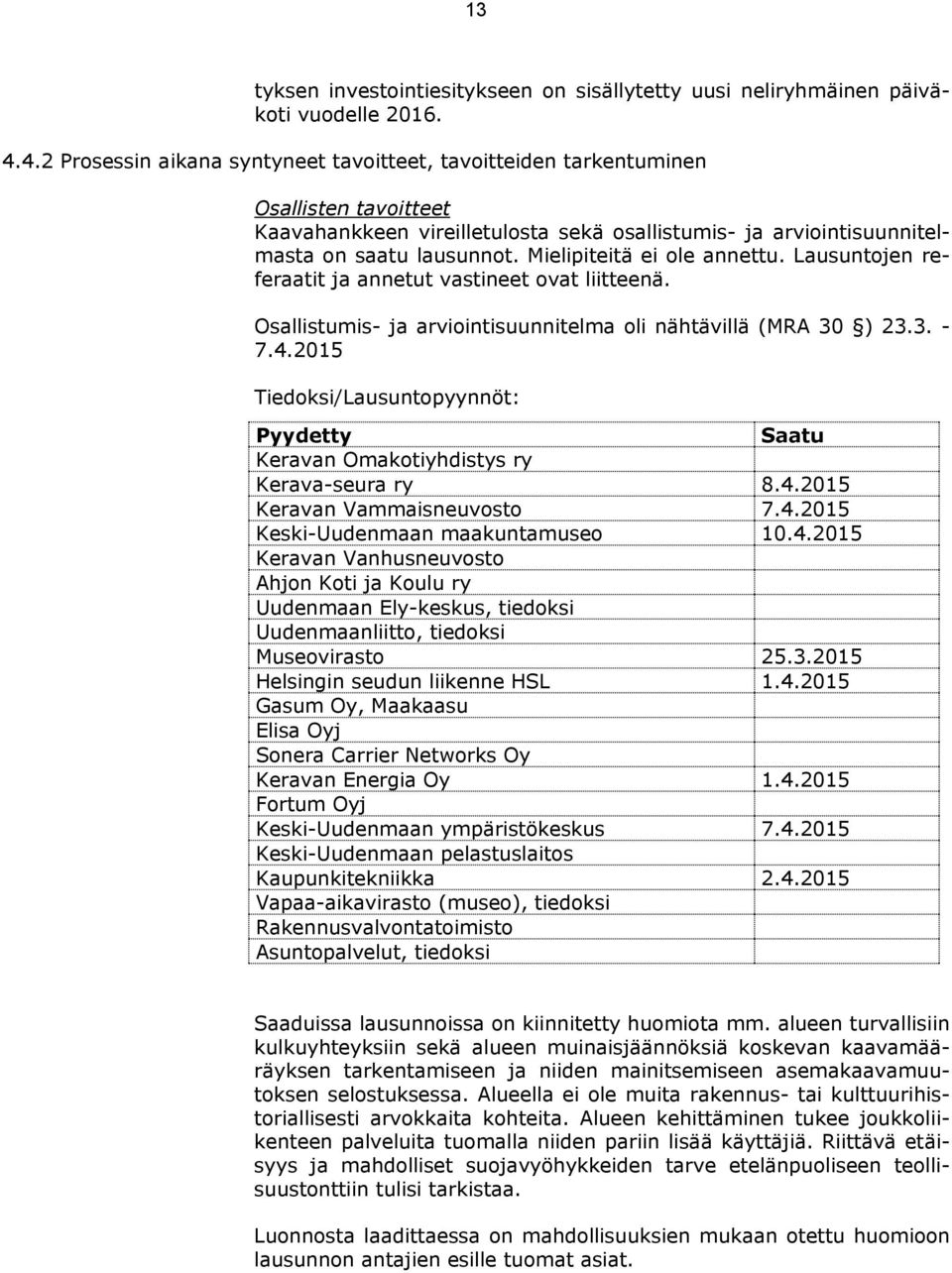 Mielipiteitä ei ole annettu. Lausuntojen referaatit ja annetut vastineet ovat liitteenä. Osallistumis- ja arviointisuunnitelma oli nähtävillä (MRA 30 ) 23.3. - 7.4.